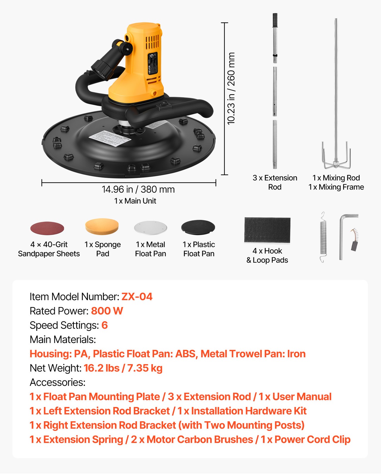 VEVOR Electric Power Trowel 800W Concrete Finisher Corded w/ Mixing Rod 6-Speed