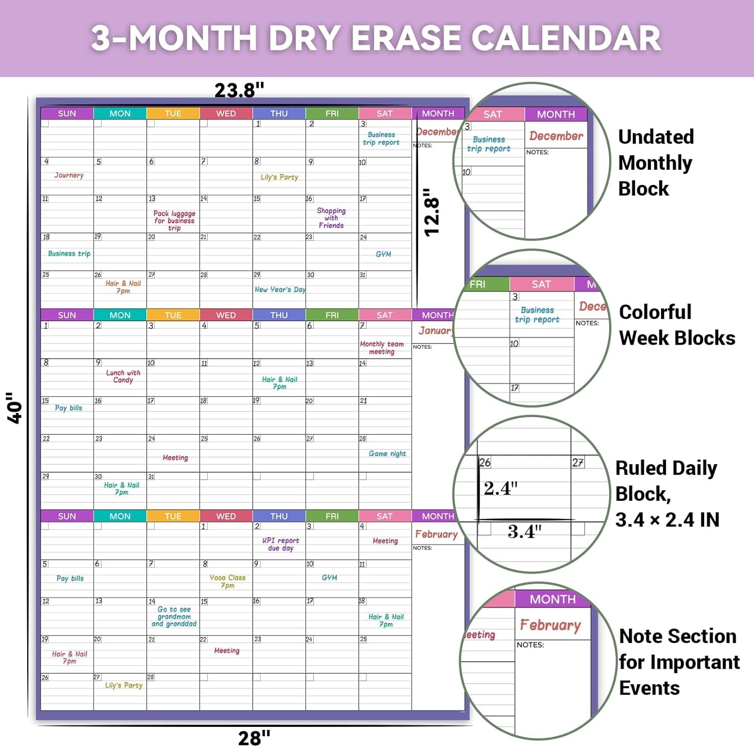 Large Dry Erase Calendar For Wall – Undated 3 Month Calendar, 28» x 40»,…