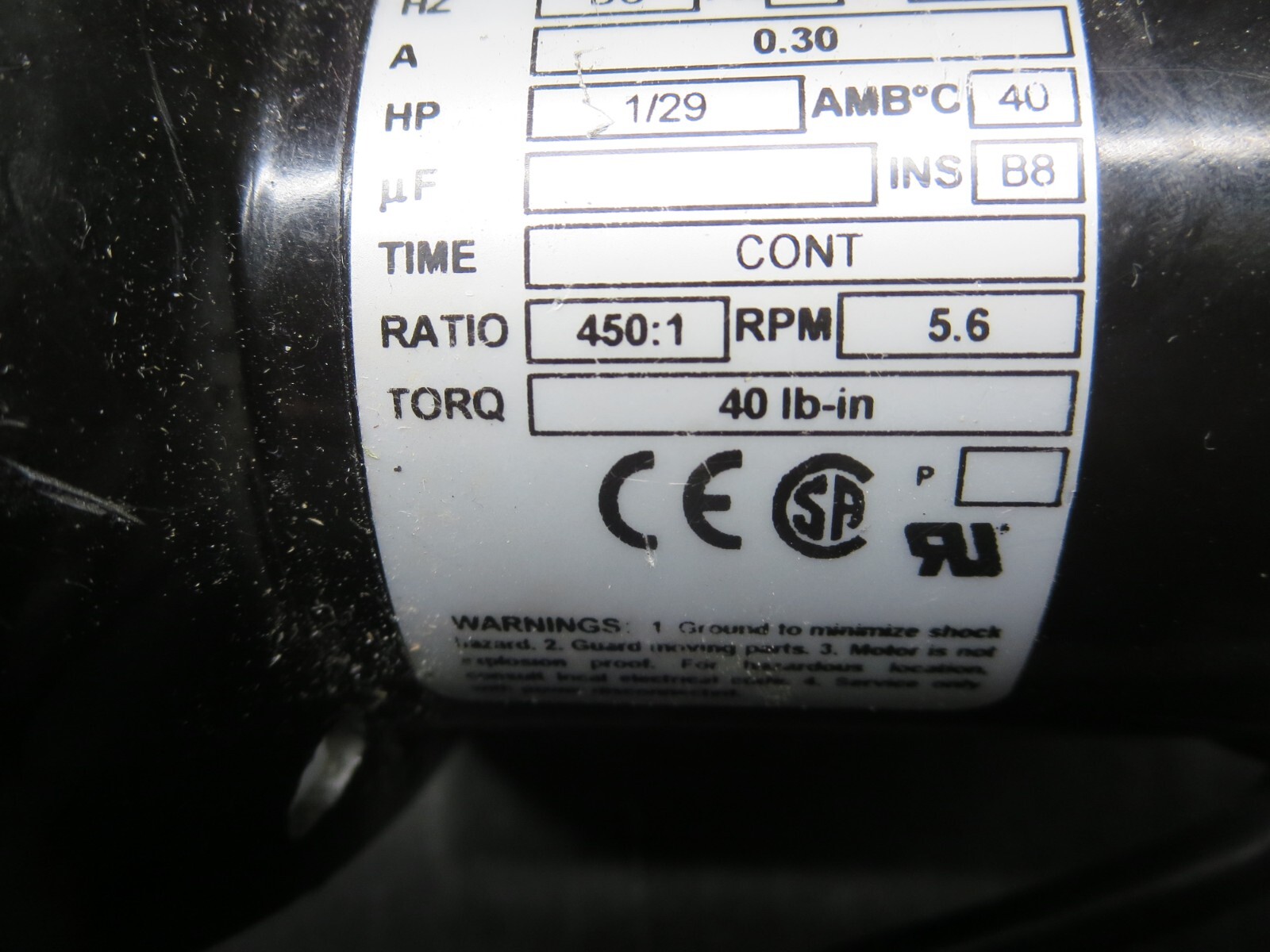 Bodine Electric 24A2BEPM-D5 130VDC 0.30A 1/29HP 5.6RPM 40LbIn Torq 450:1 Ratio