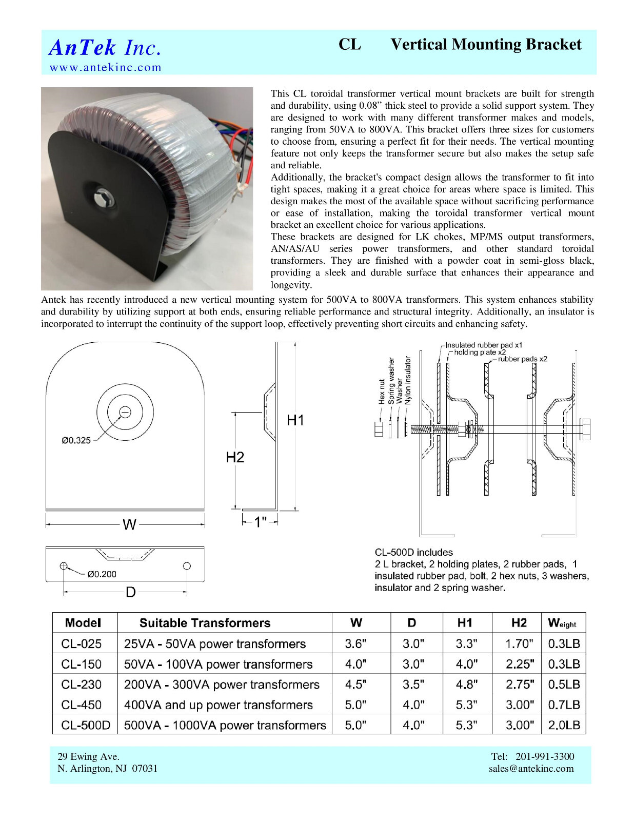 Toroidal Transformer Vertical Mount Kit 400VA – 800VA p/n CL-500D by Antek
