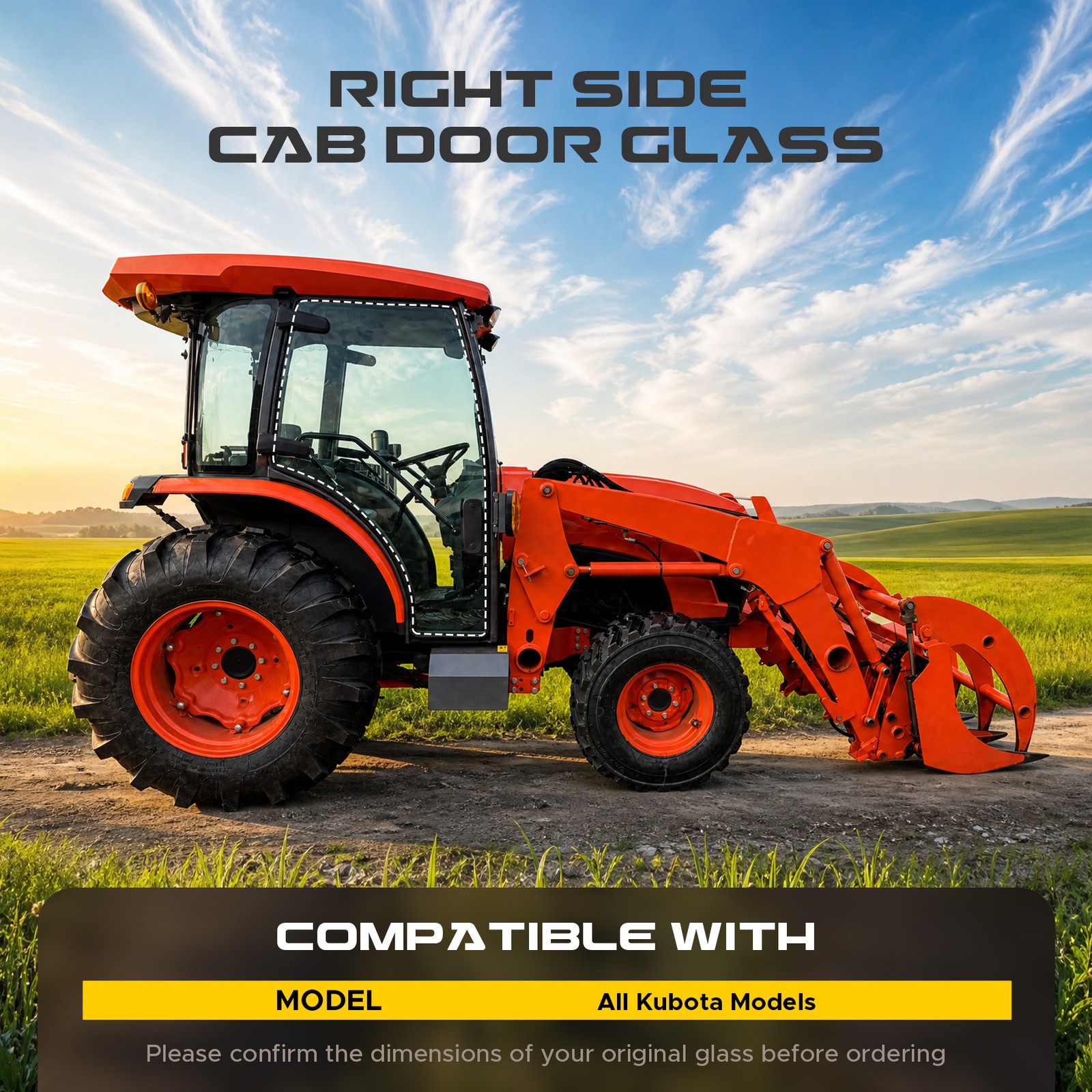 Tempered Glass RH Cab Door Window Glass for Kubota Tractor MODP000006651
