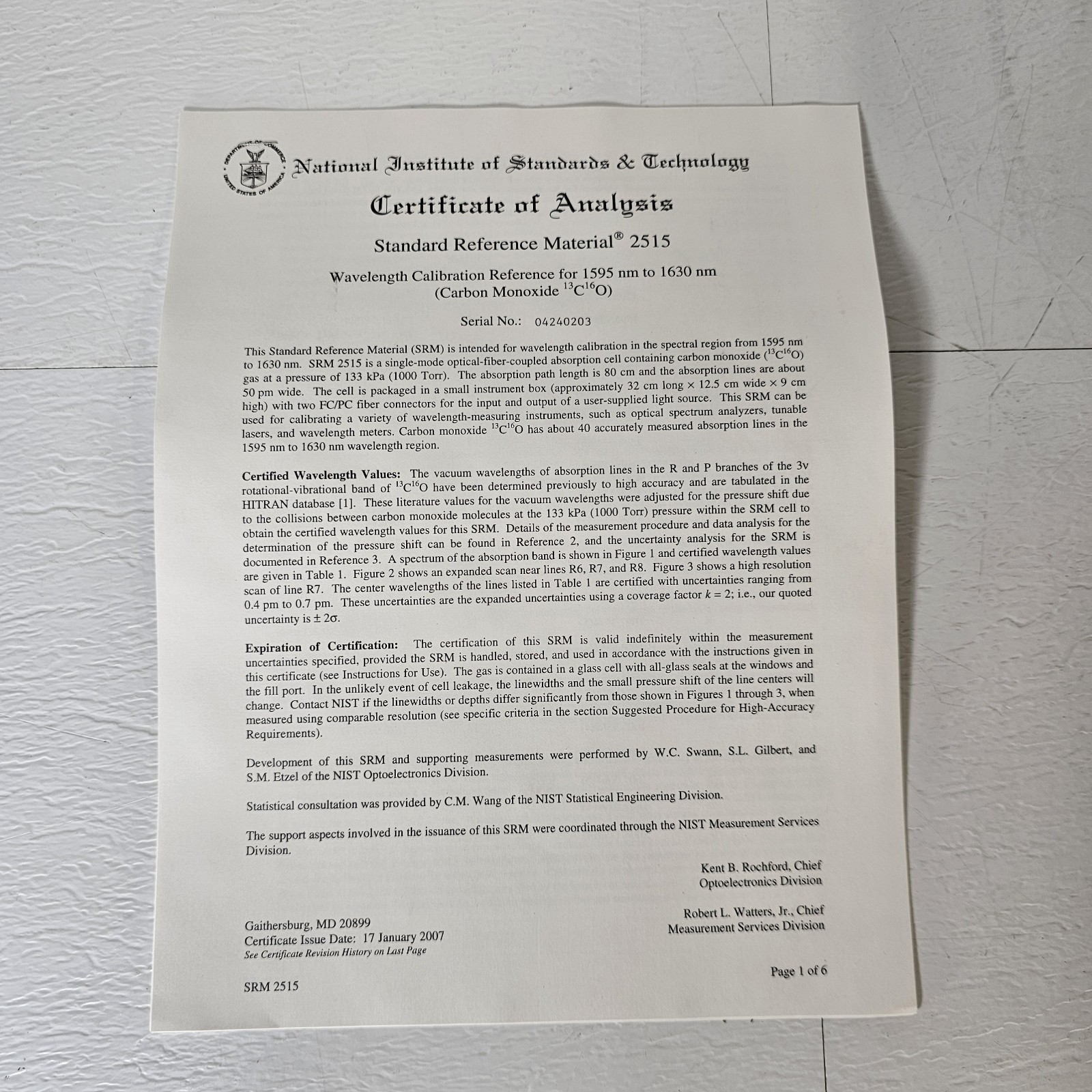 NIST SRM-2515 Wavelength Calibration Reference 1595-1630nm Carbon Monoxide Lines