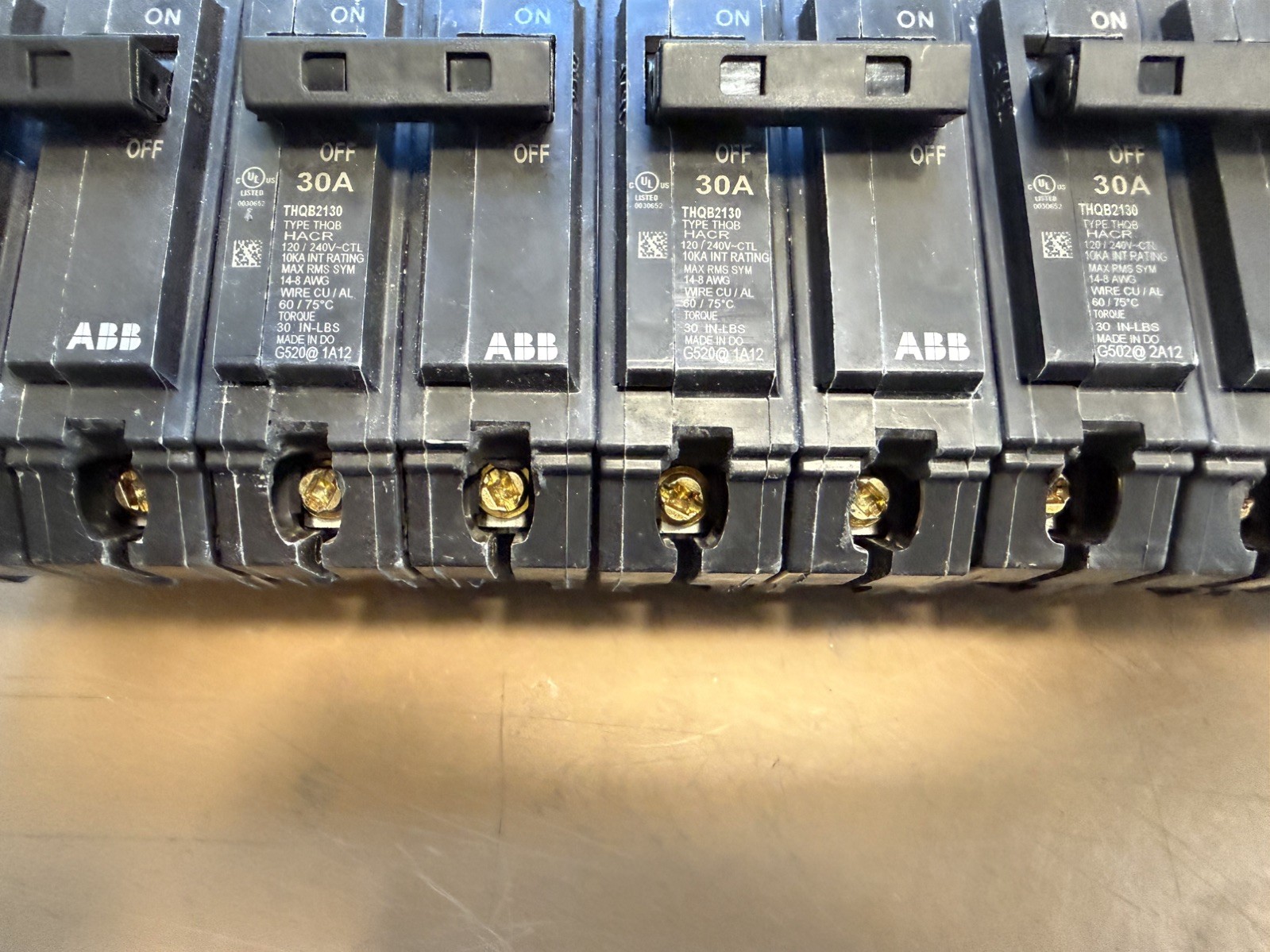 Lot Of 5 GE/ABB, 30 Amp 240 Volt 2 Pole Bolt-On Circuit Breakers