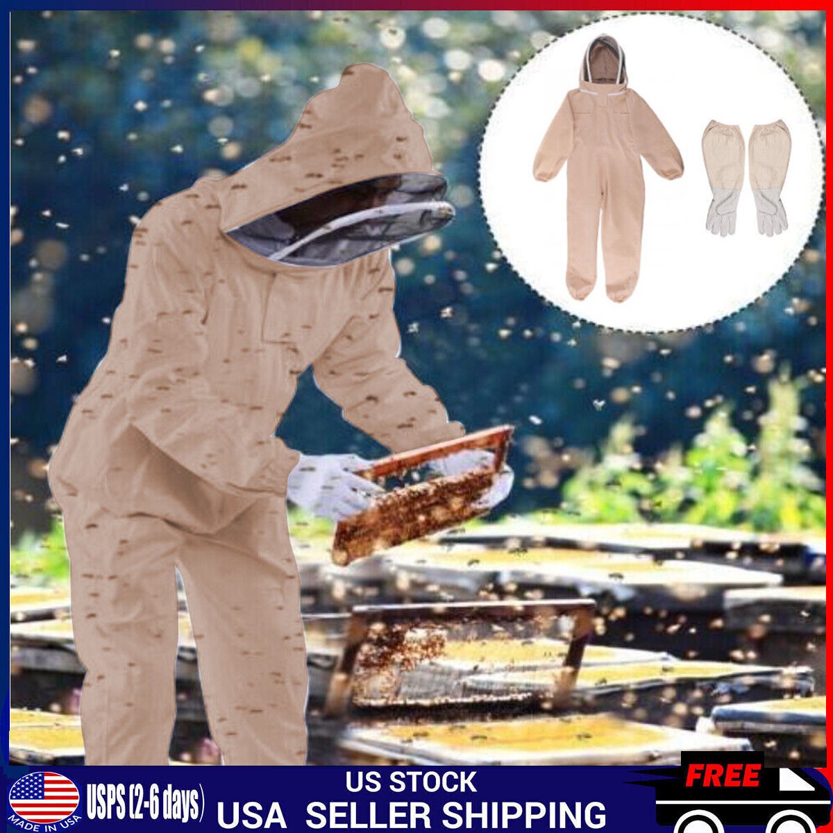 XXL Full Body Anti-bee Suit Cotton Beekeeping Clothing w/Veil Hood&Gloves Unisex