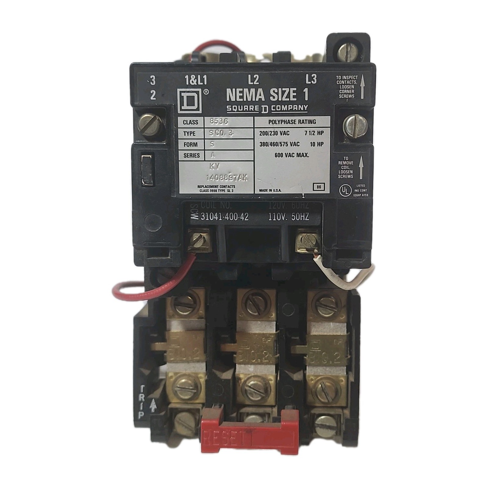 Square D NEMA Size 1 Motor Starter 8536 SCO3 Series A 120V Coil 3-Pole 8536SCO3
