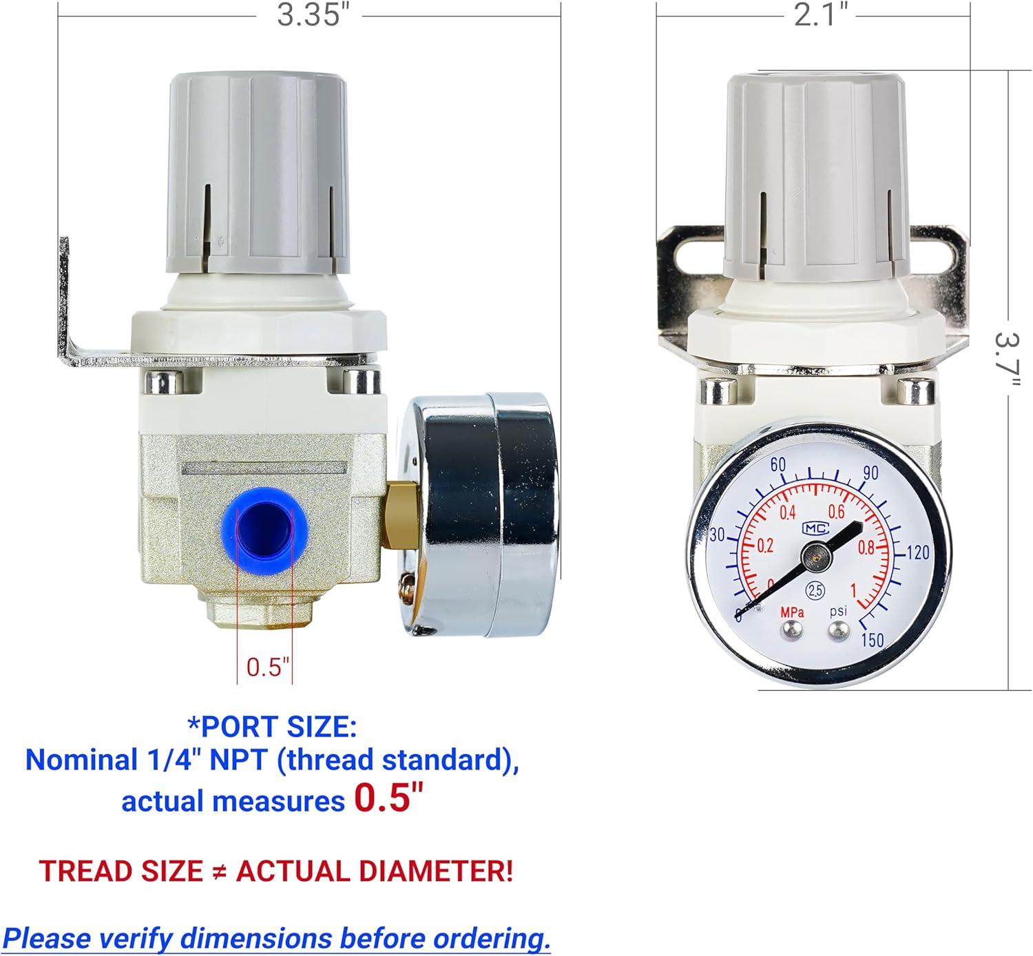 AR2000-02 Air Pressure Regulator 1/4” Port 0-150 PSI Adjustable Air Compressor R