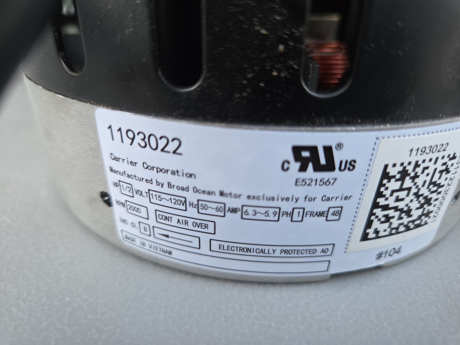 CARRIER 1193022 Blower Motor BY BROAD OCEAN MOTOR 1/2HP 115-120V FRAME 48