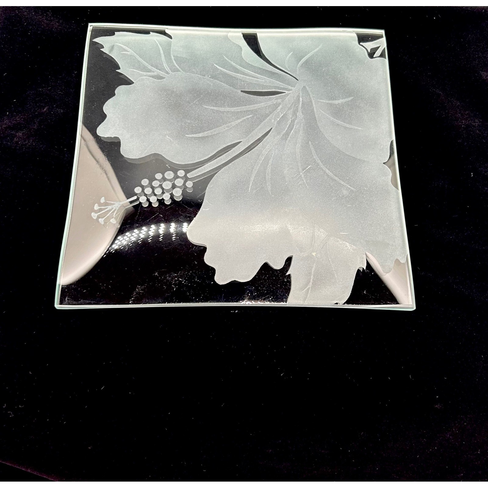 Frosted Glass Hibiscus Flower Square Decorative Tray Etched Clear Glass 7.75in