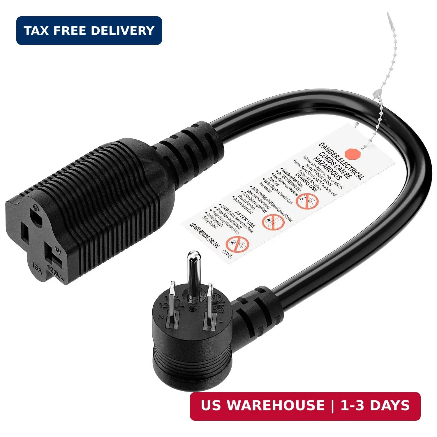 1-Foot Right Angle15 Amp Household AC Plug to 20 Amp T Blade Adapter Cable，14AWG