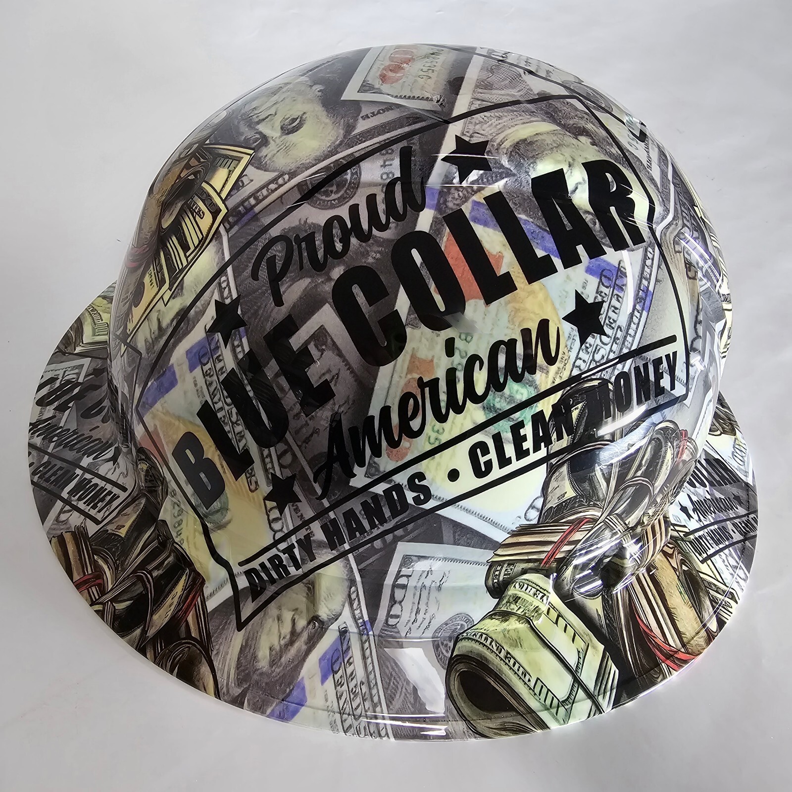 full brim hard hat custom hydro dipped IN BLUE COLLAR DIRTY HANDS CLEAN MONEY