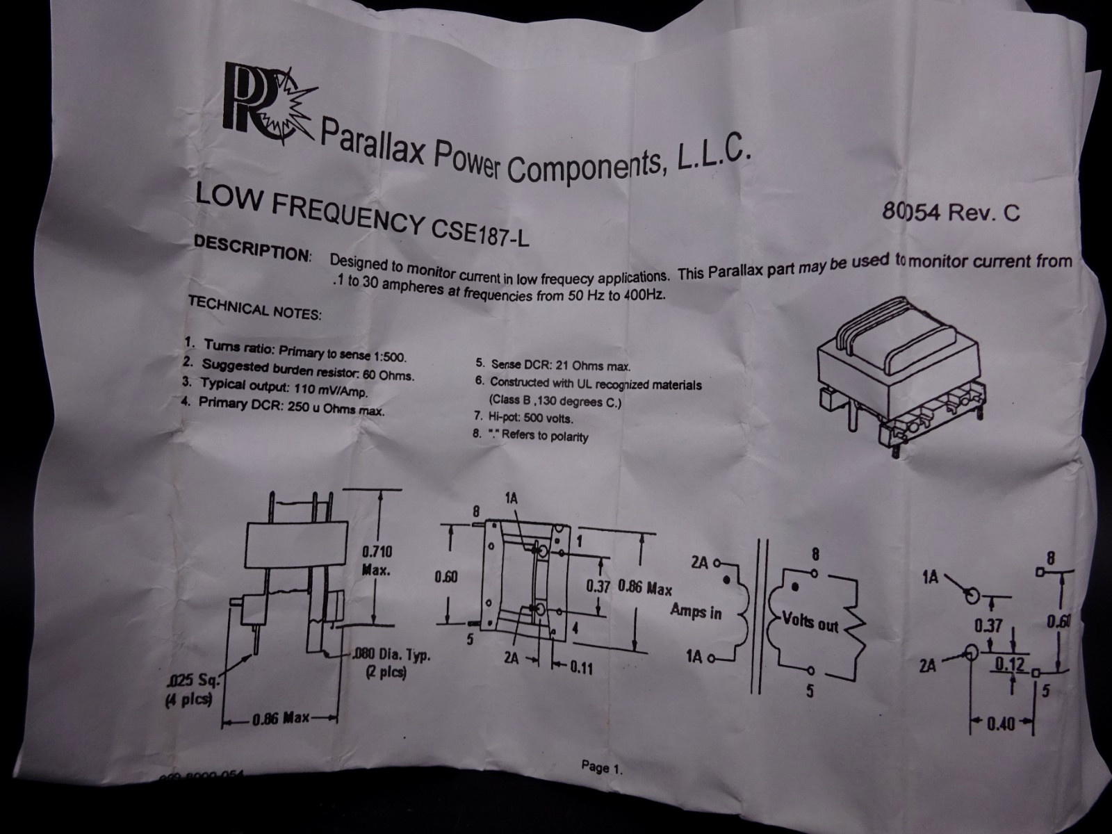 CSE187L Low Freq Current Sense Transformer 50-400Hz Turns Ratio = 1:500 30A