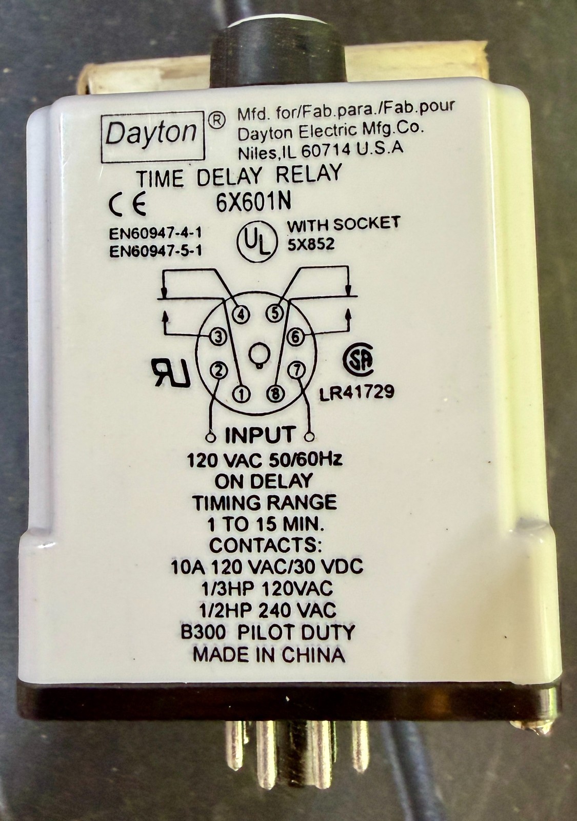 6X601N Dayton 120VAC 1-15min 10A Time Delay Relay