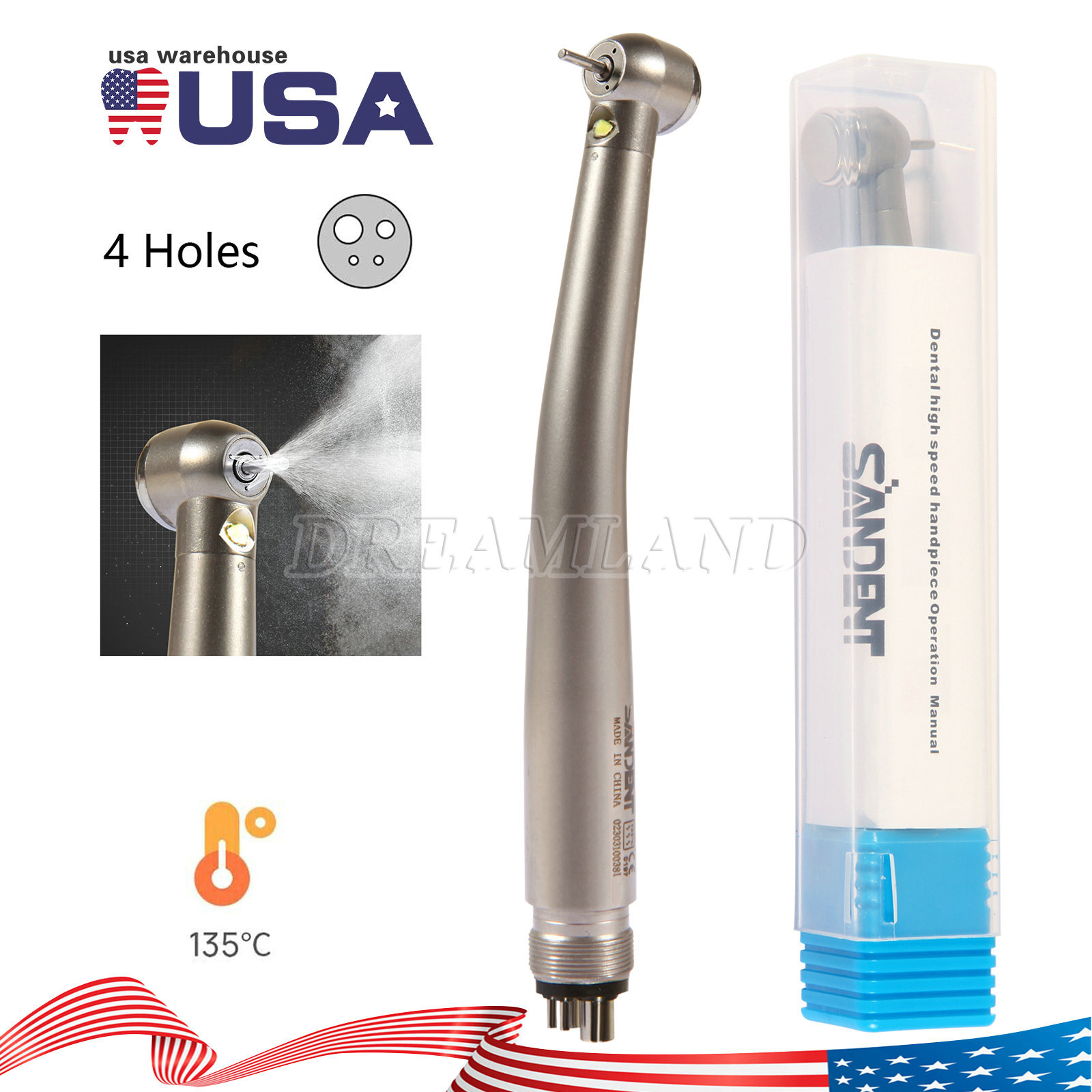 Dental E-generator LED Triple spray Fiber Optic Handpiece High Speed 4 Hole