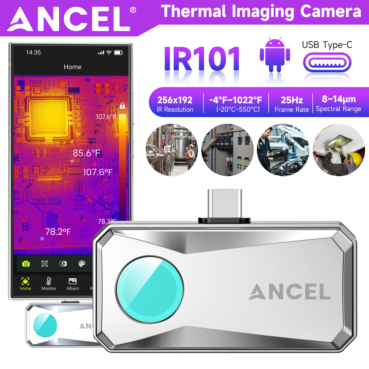 Thermal Imaging Camera IR Resolution 256X192 25Hz Frame Rate Android USB-Type-C