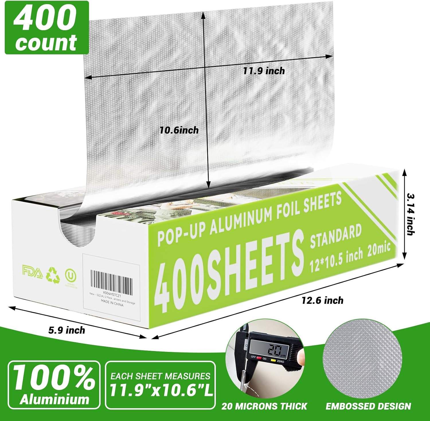 Aluminum Foil Sheets, 400 Count Tin Foil,12″ X 10.5″ Pre-Cut Pop-Up Dispenser fo