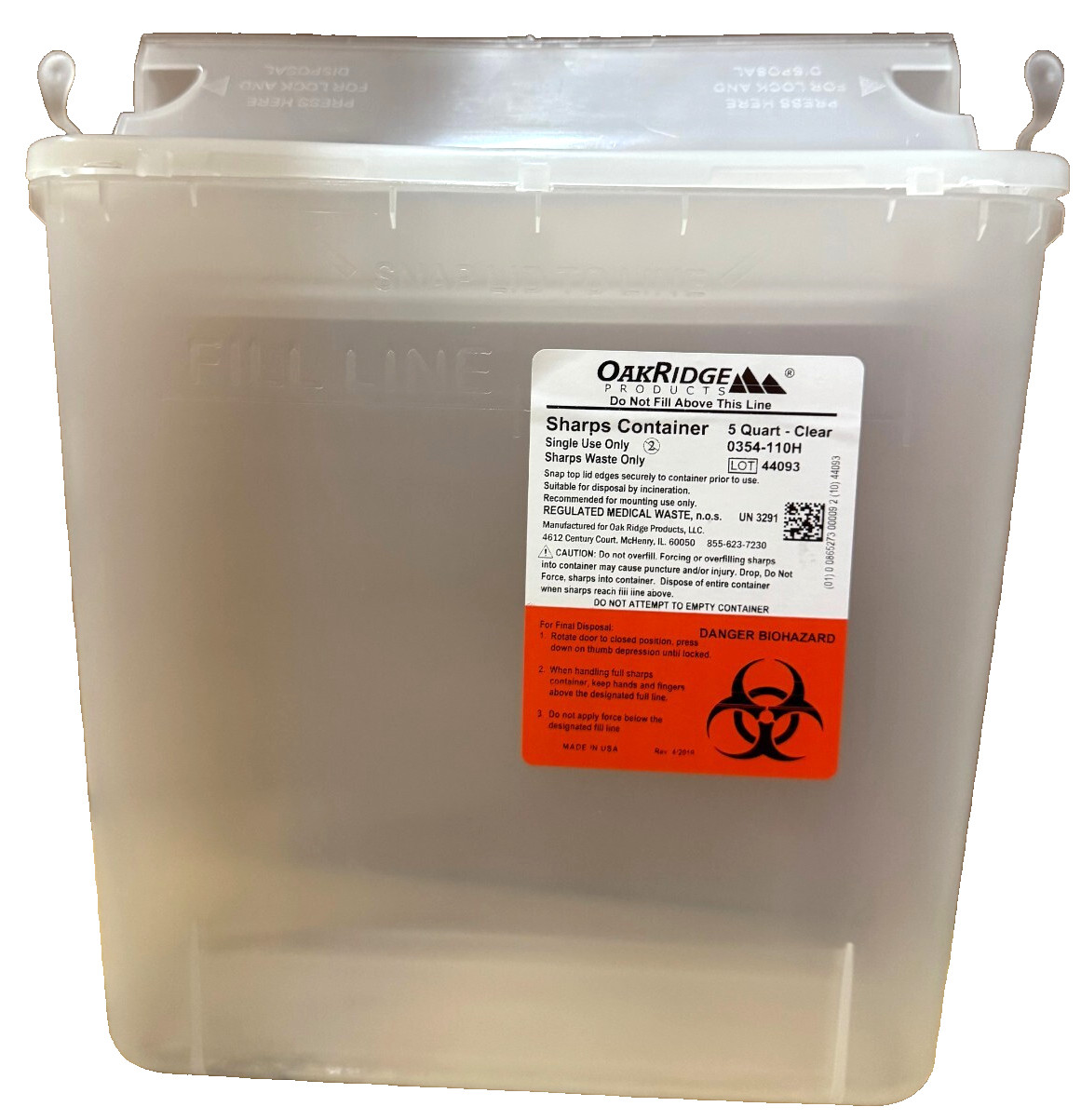 Oak Ridge Products Sharps Containers 5 Quart Horizontal Drop Clear, Case of 20