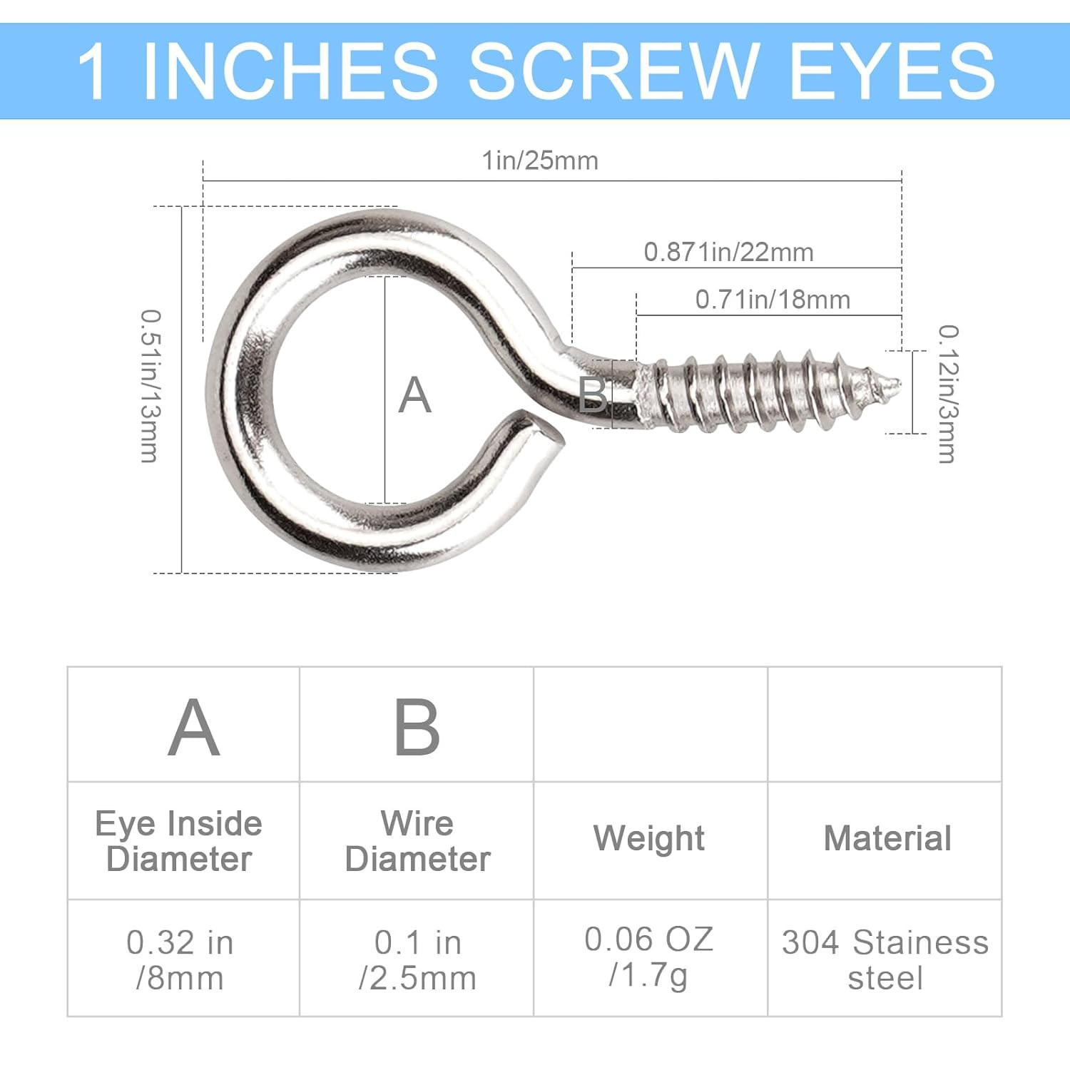 Eye Screws, 50Pcs 1 Inches 304 Heavy Duty Stainless Steel Screw Hooks, Self Tapp