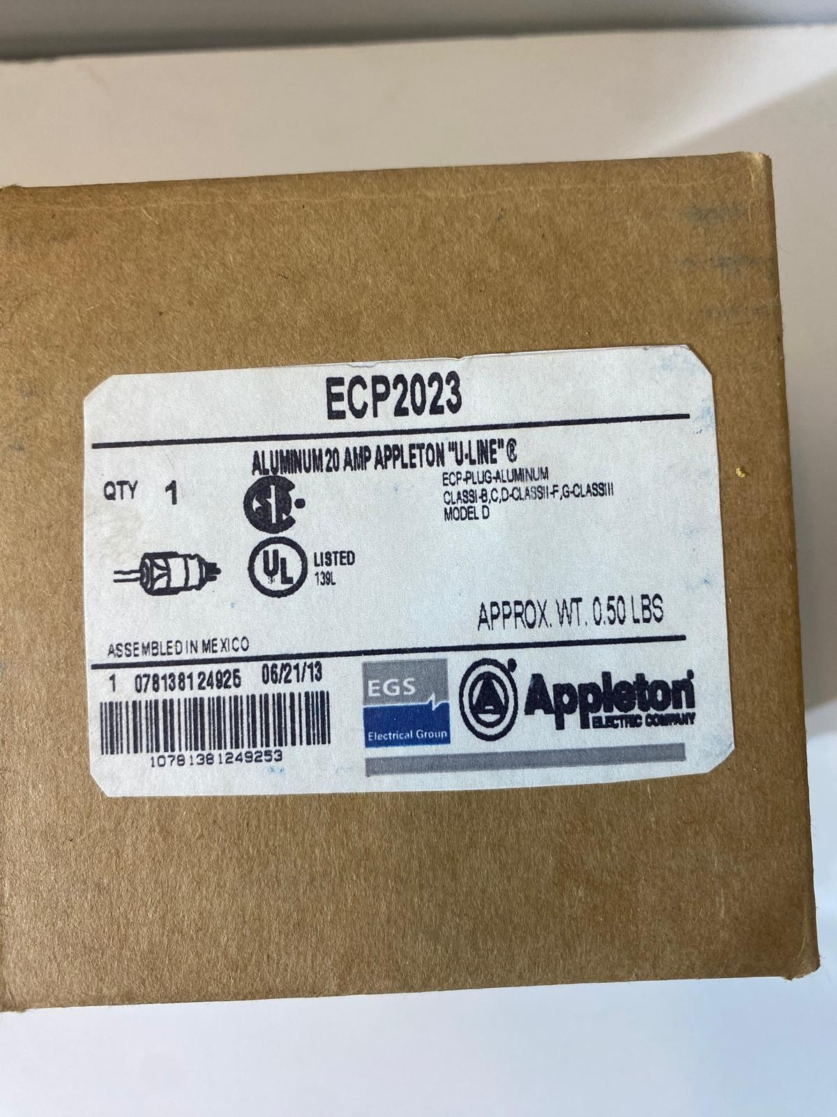 Emerson Appleton ECP-2023 Aluminum 20 Amp 125 VAC U-Line Explosion Proof Plug