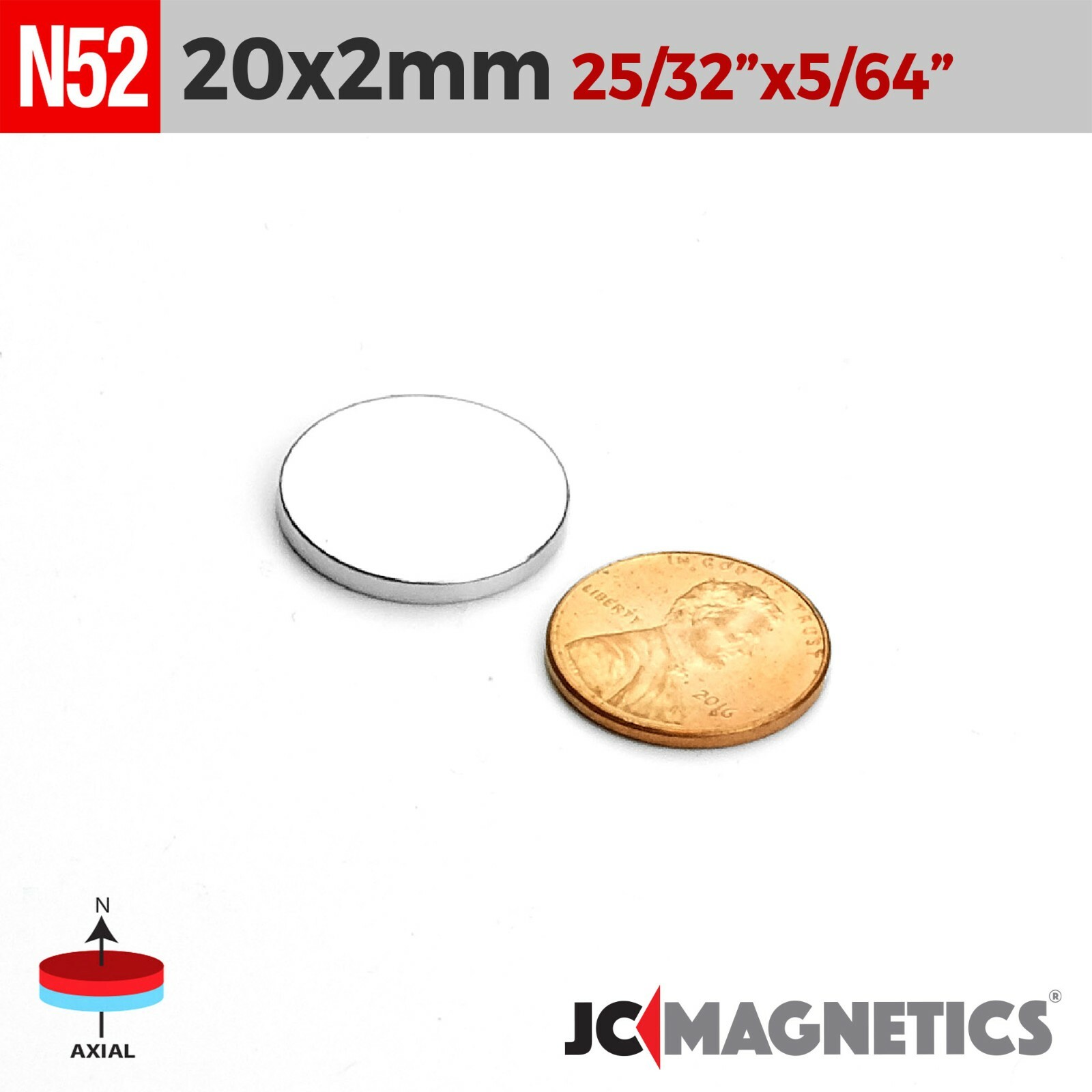 20mm x 2mm 13/16″x5/64″ N52 Super Strong Disc Rare Earth Neodymium Magnet 20x2mm