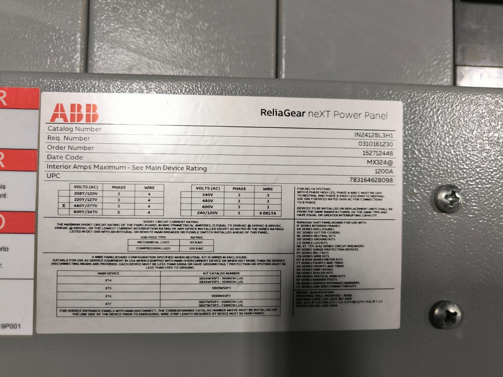 ABB GE IN2412BL3H1 ReliaGear neXT Power Panel 1200 Amp 480Y/277 V 3PH 4W 3R NOS