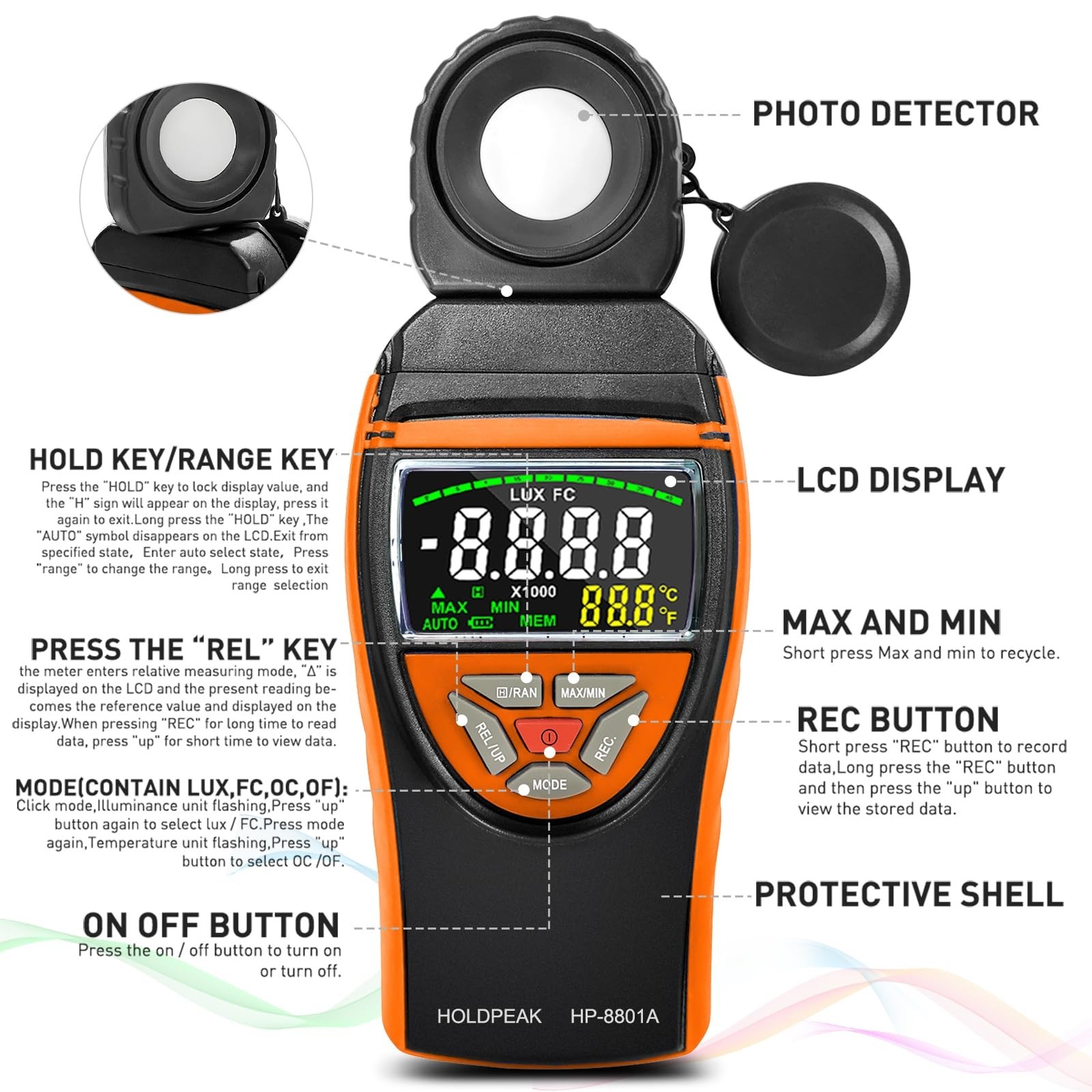 HOLDPEAK Light Meter, Digital Lux Meter 0.1-400,000 Lux, 270º Rotatable Det