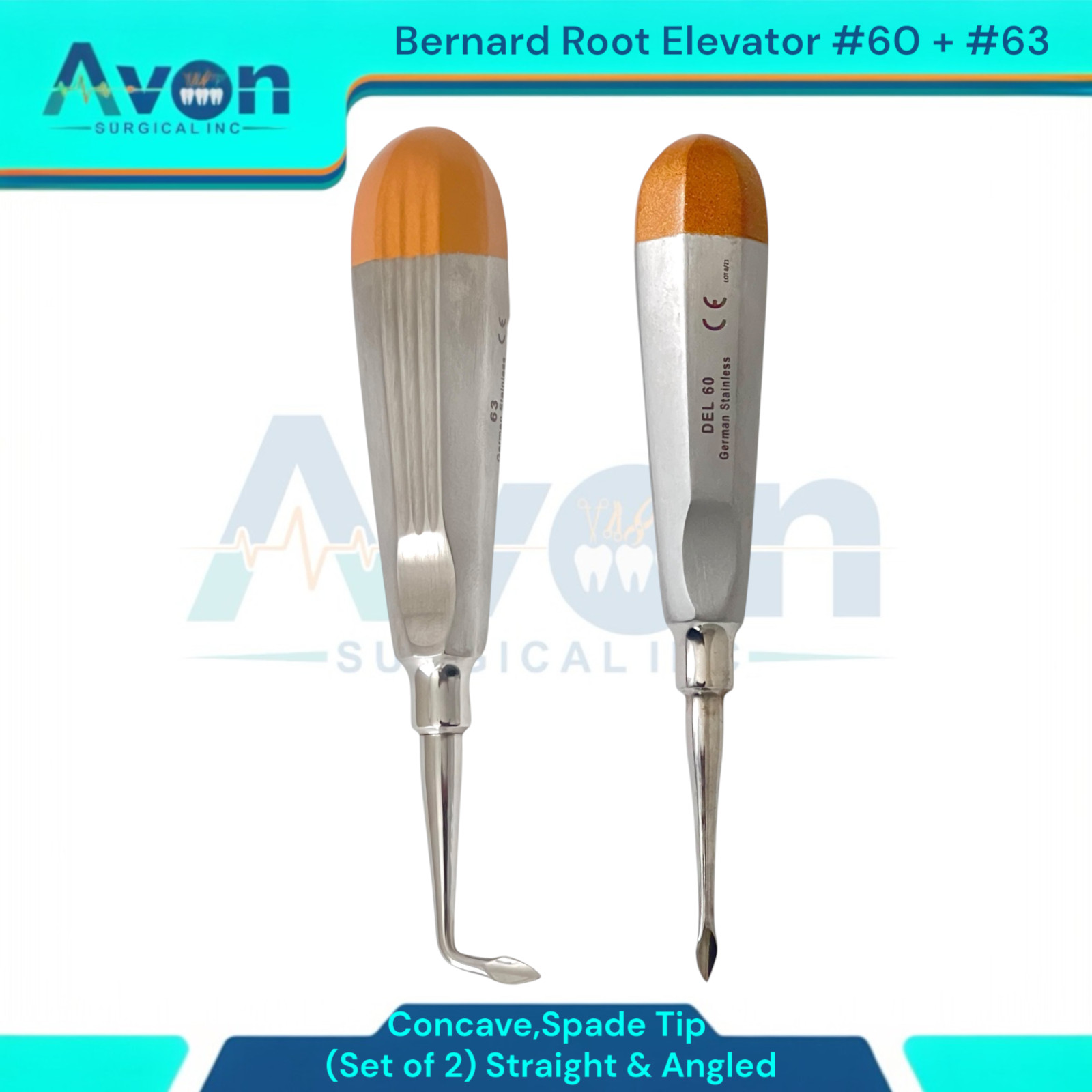 Spade Tip Bernard Root Elevator Pick, #60 Str + #63 Angled, Hollow Handle – 2PK