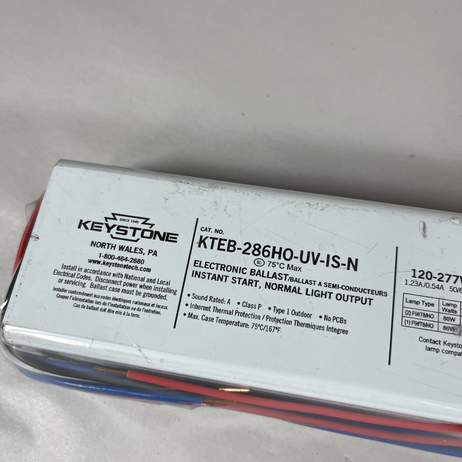 New Keystone Electronic Ballast #KTEB-286HO-UV-IS-N