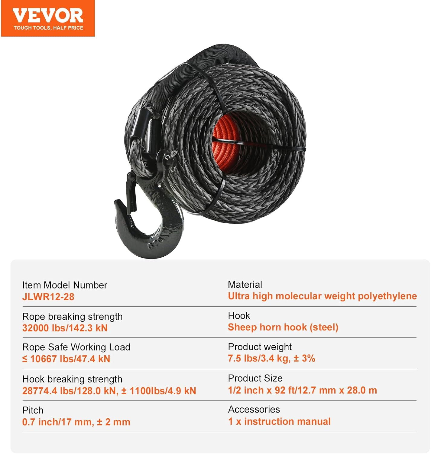 Synthetic Winch Rope, 1/2 Inch X 92 Feet 32,000 Lbs Synthetic Winch Line Cable R