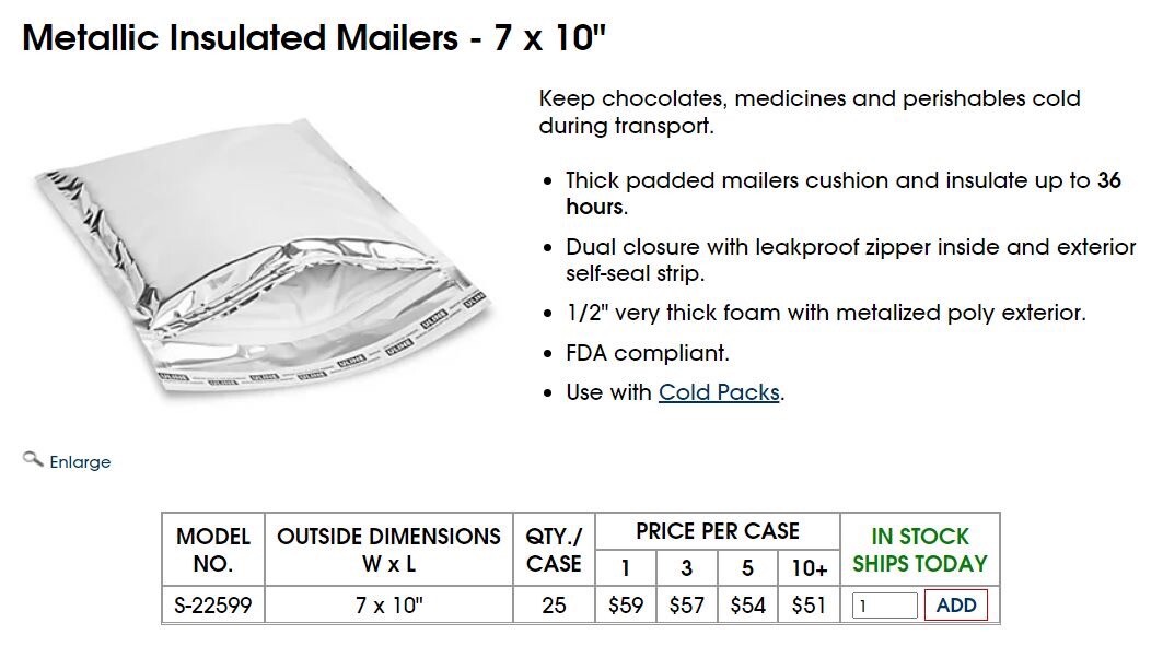 Metallic Insulated / Padded Mailer – 7 x 10” – Uline S-22599 – Case of 25