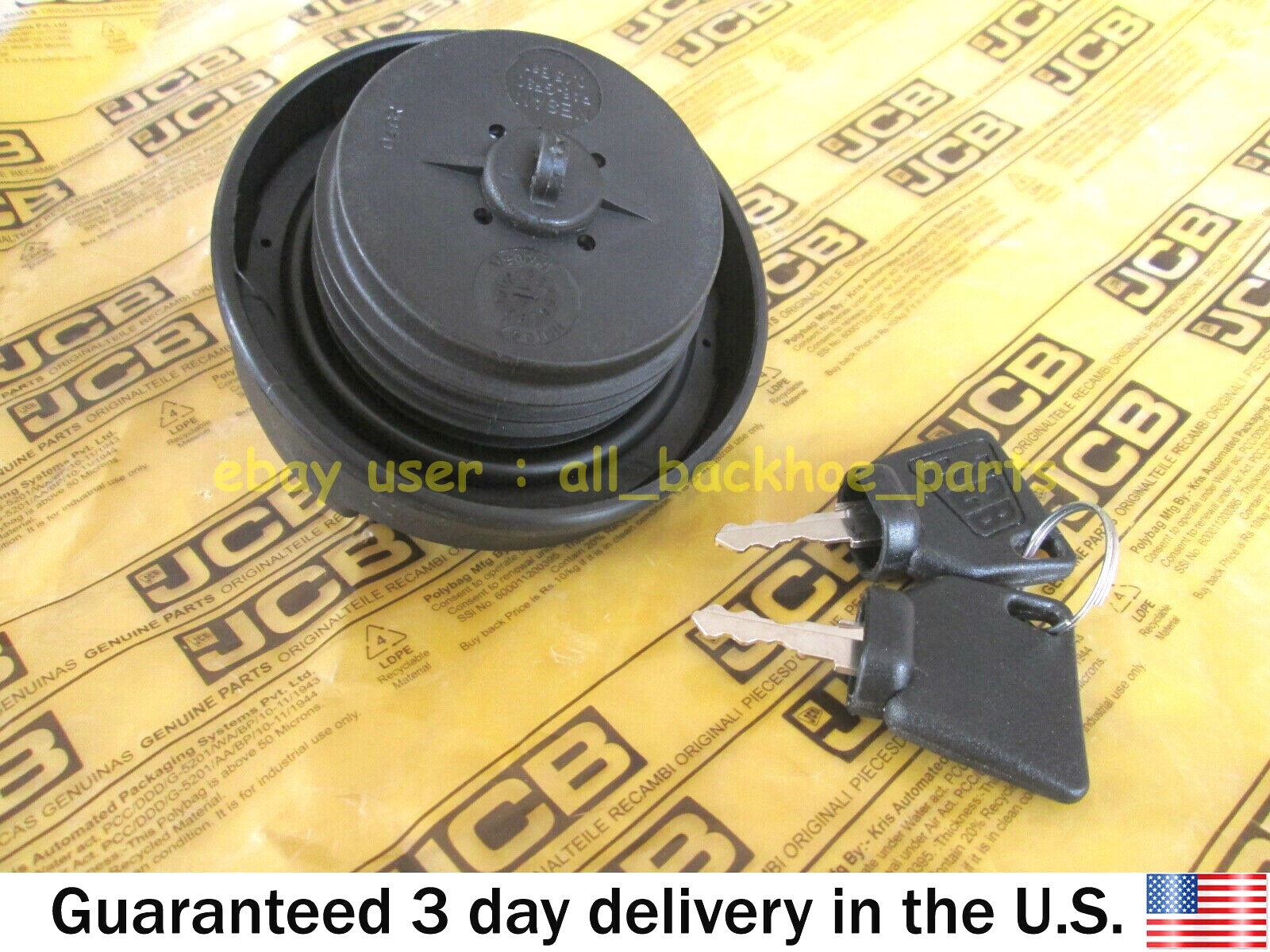 JCB BACKHOE- GENUINE JCB DIESEL FILLER CAP W. 2 KEYS (PART# 332/F4780 331/11403)