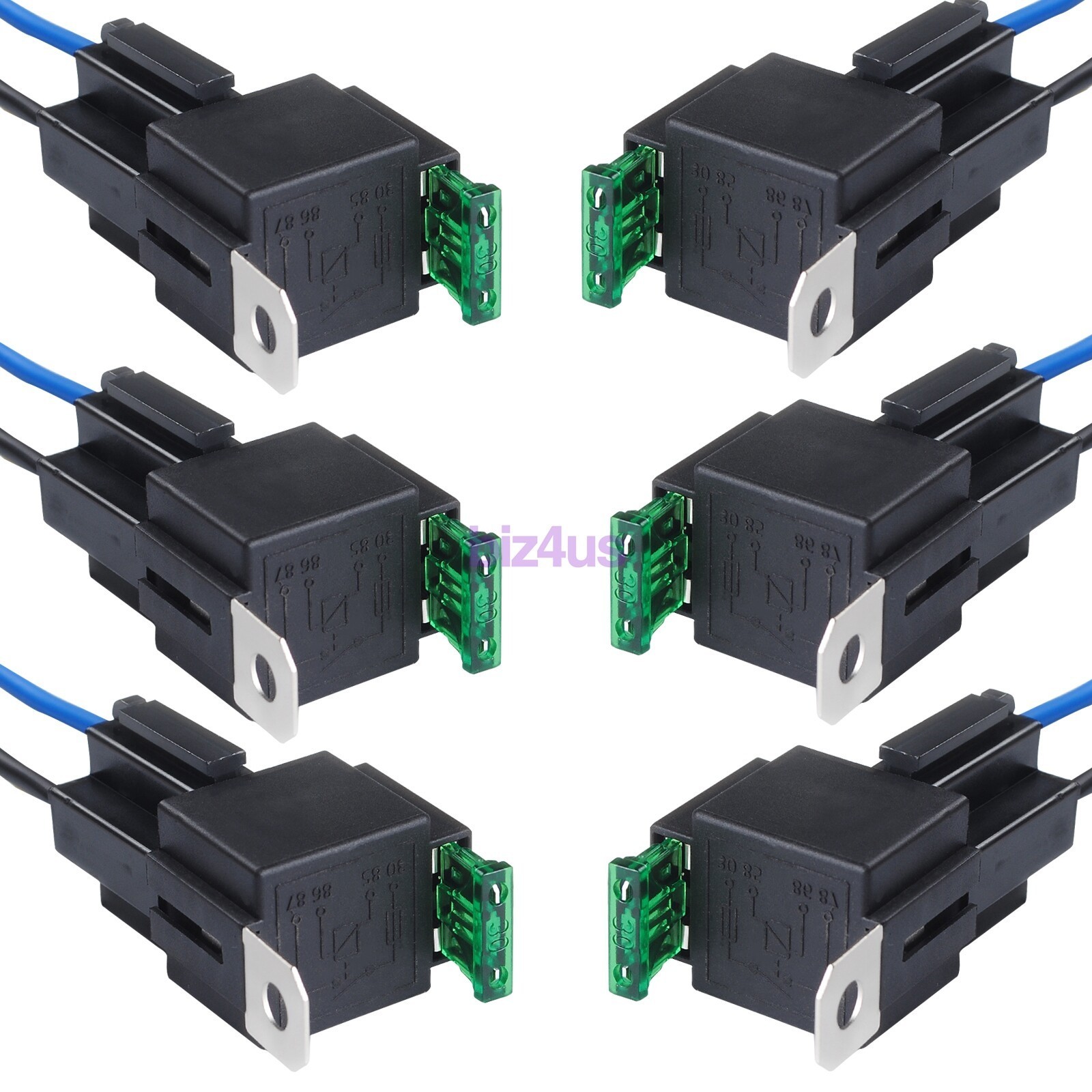 6 Pack 12V DC 30 Amp 4-Pin Automotive Relay Harness Set Switch Fuse US