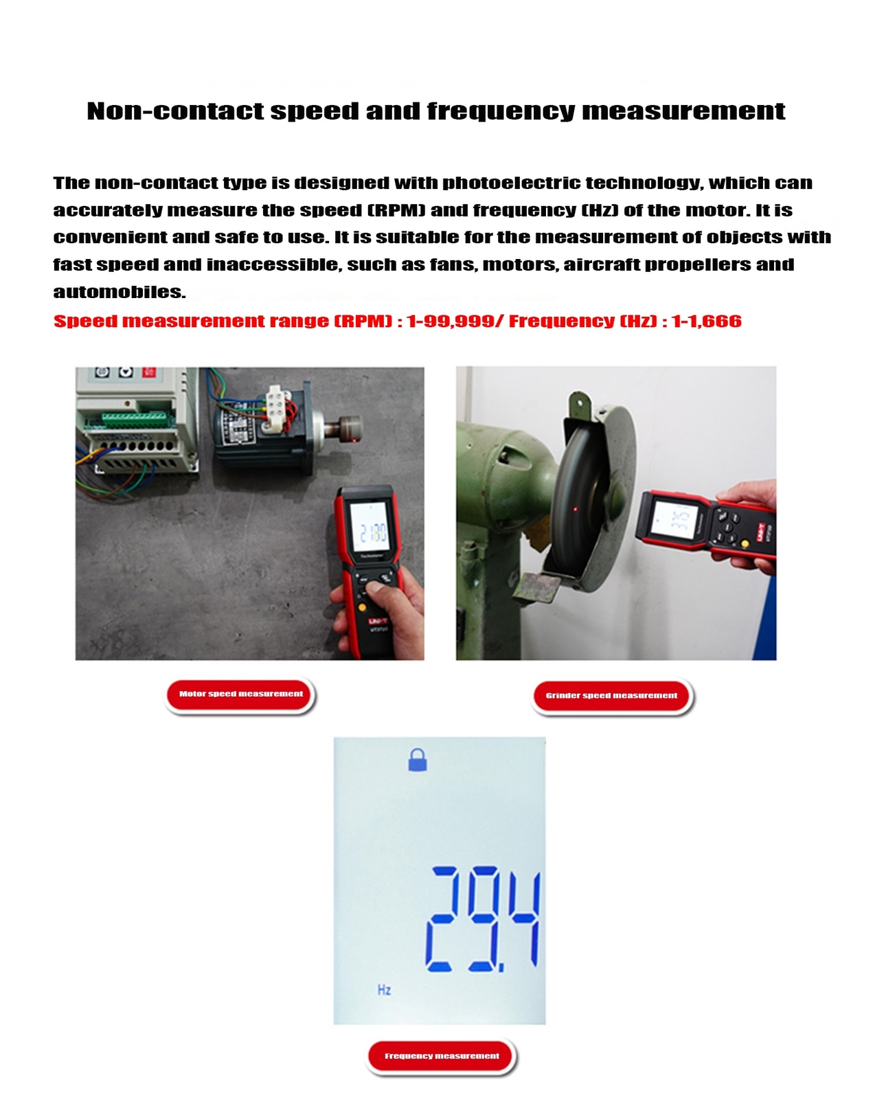 UNI-T UT372D 2-in-1 Tachometer Contact Non-contact measurements MAX/MIN/AVG/HOLD