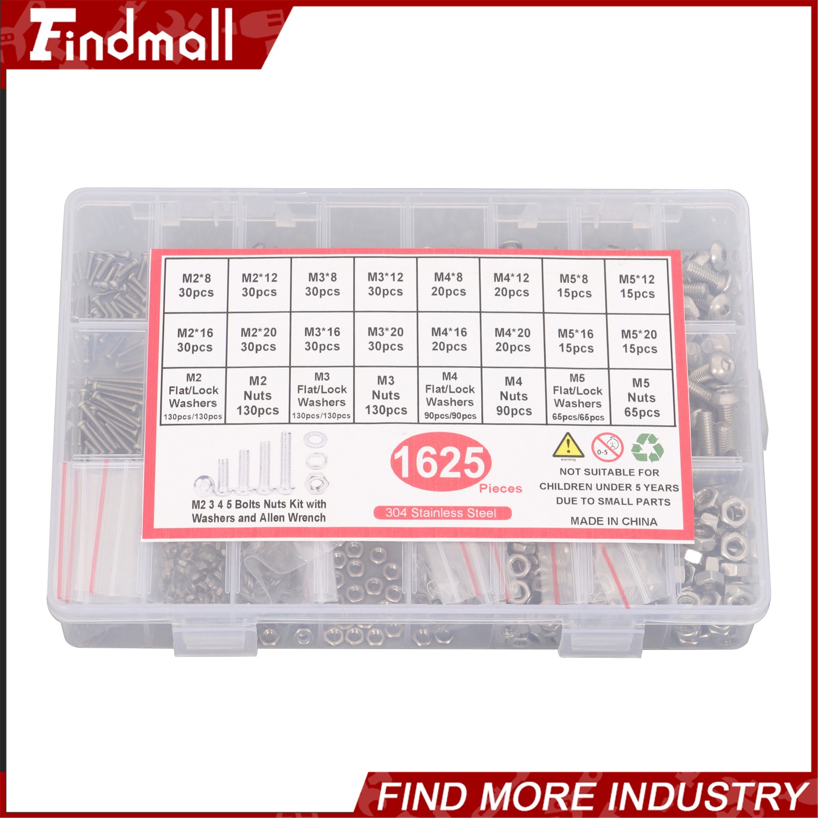1625Pcs M2 M3 M4 M5 Metric Screw Assortment,304 Stainless Steel Bolts and Nuts