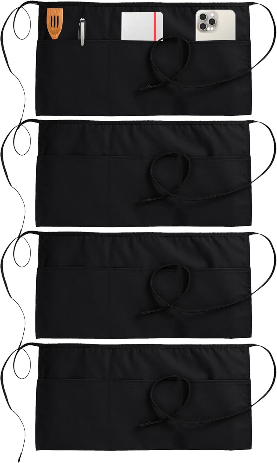 4 Pack Server Apron with 3 Pockets, Waist Apron for Waiter Waitress, 12 Inches