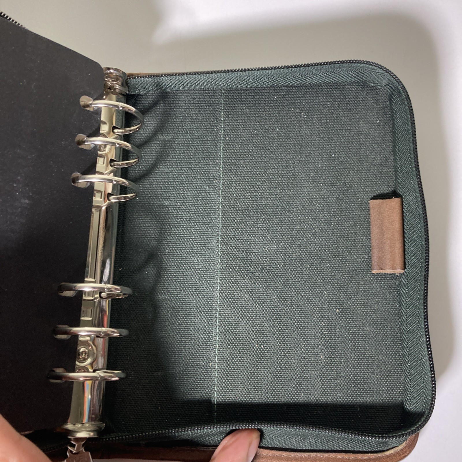 Franklin Quest Planner Green Line Black Canvas Brown Leather Trim 6 Ring Zip