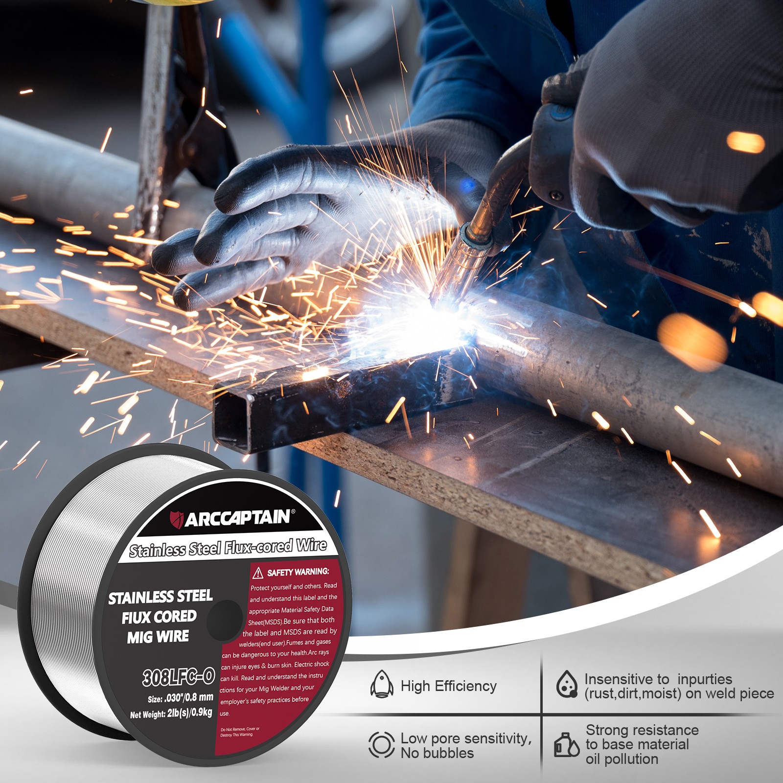 ARCCAPTAIN Flux Core MIG Welding Wire E308LFC-O .030″ 2lb Stainless Steel Wire🔥
