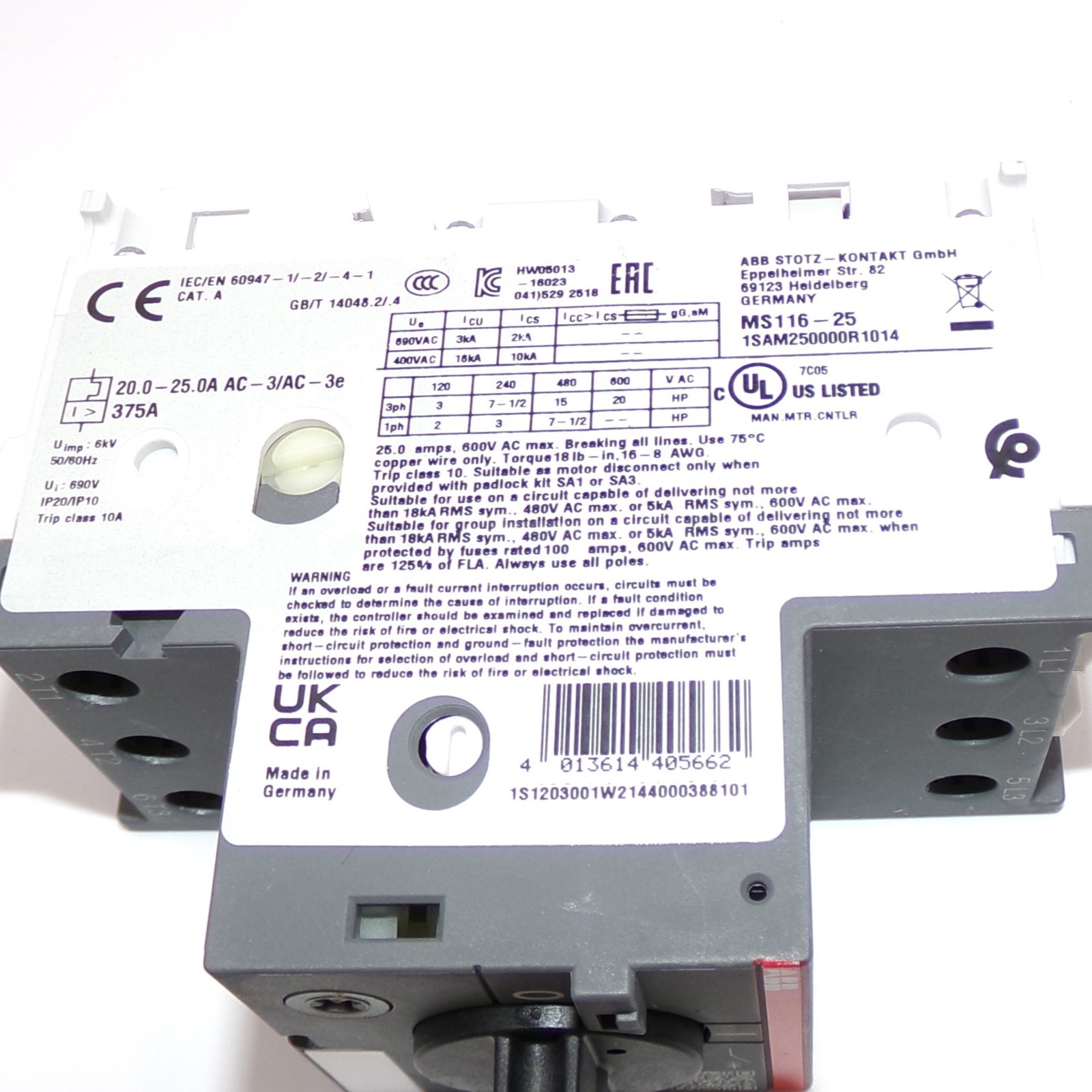 ABB 600VAC Max. 3-Phase 20-25A Manual Motor Starter MS116-25 (1SAM250000R1014)