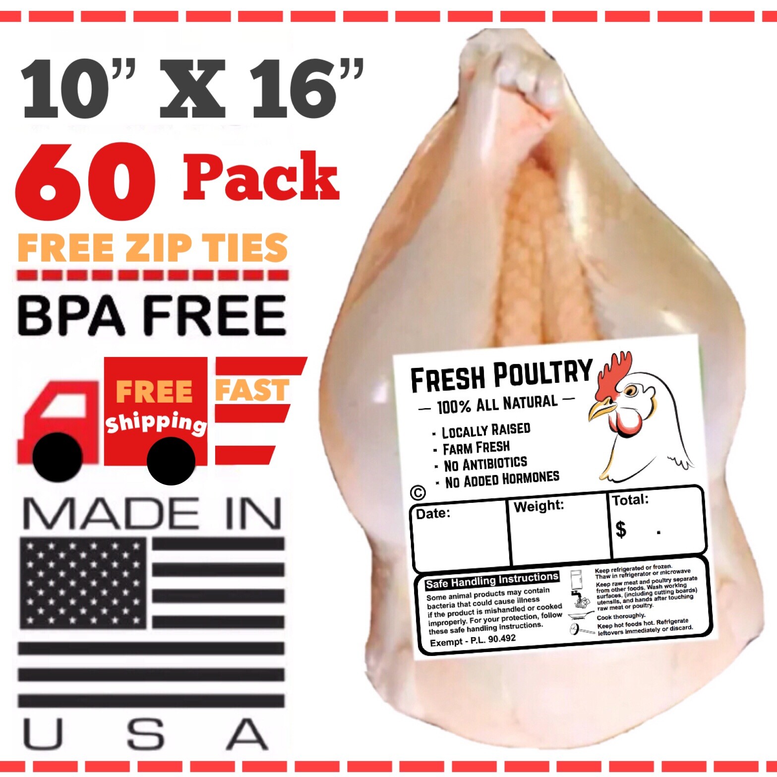 POULTRY SHRINK BAGS 10″X16″ CHICKEN FOOD PROCESSING FREEZER SAVER (USA MADE🇺🇸)
