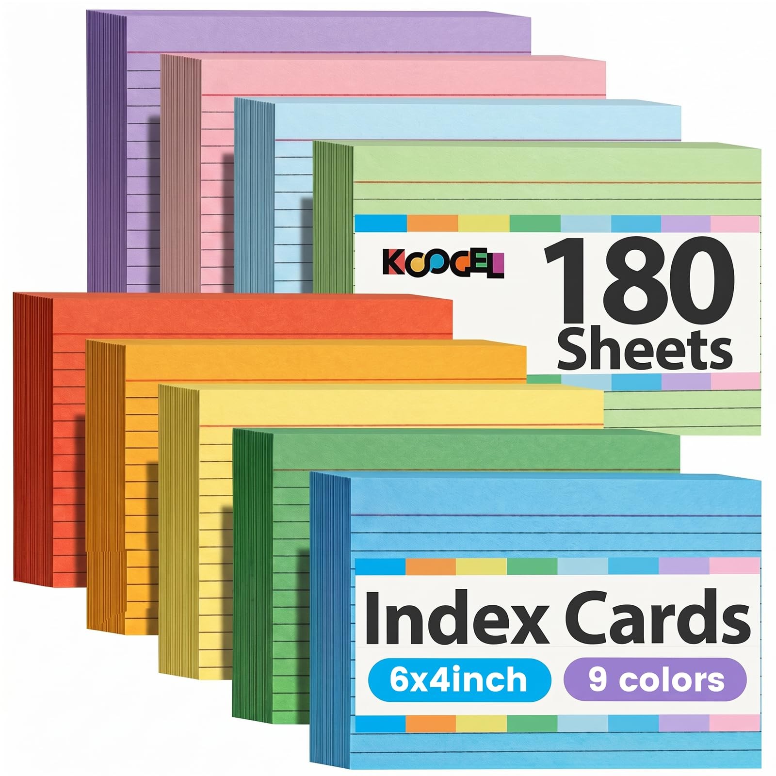 Koogel Index Cards 4×6 Inch, 180 Count, Colored Large Flash 4×6, Multicolor