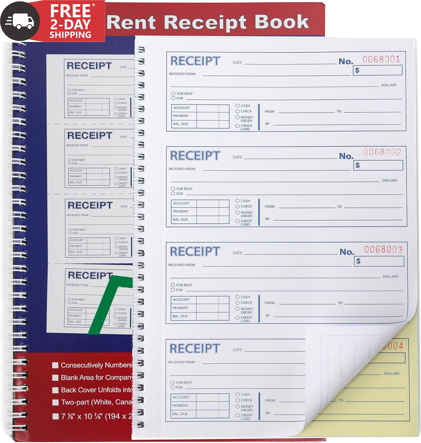 Money and Rent Receipt Book 2-Part Carbonless 7-5/8″ X 11″ Spiral Bound 200 Sets