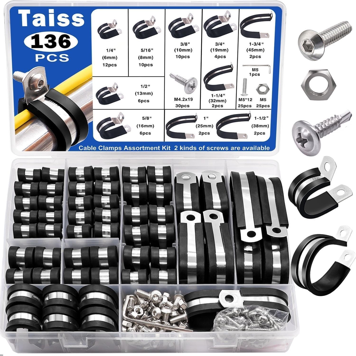 Taiss 136PCS Cable Clamps Assortment Kit 304 Stainless Steel Rubber Cushion Pipe