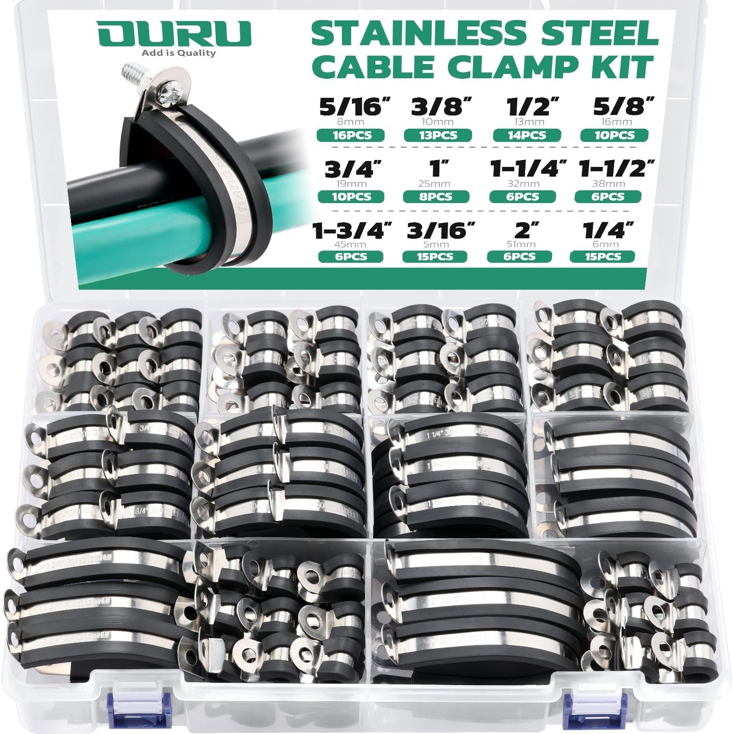 125PCS Cable Clamp,12 Sizes Stainless Steel Rubber Coated Cushioned Insulated Ca