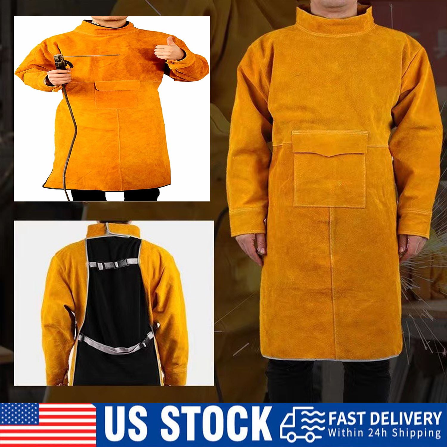 41.33 inch Cowhide Leather Welding Jacket Coat Flame-Resistant Welder for Men US