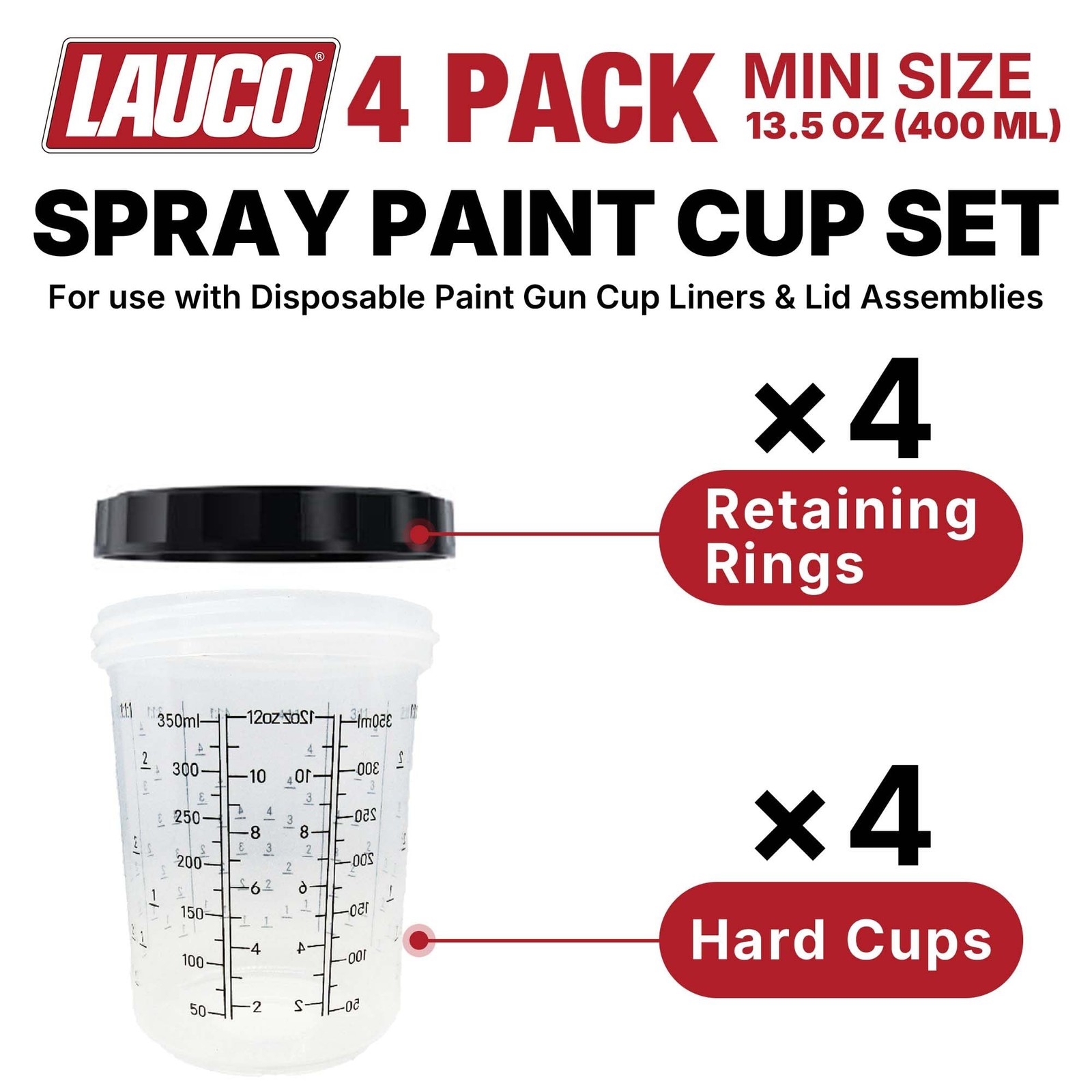 LAUCO 4 Pack Paint Spray Gun Hard Cup Set, 400ML (13.5 Oz) Reusable Mixing Cups
