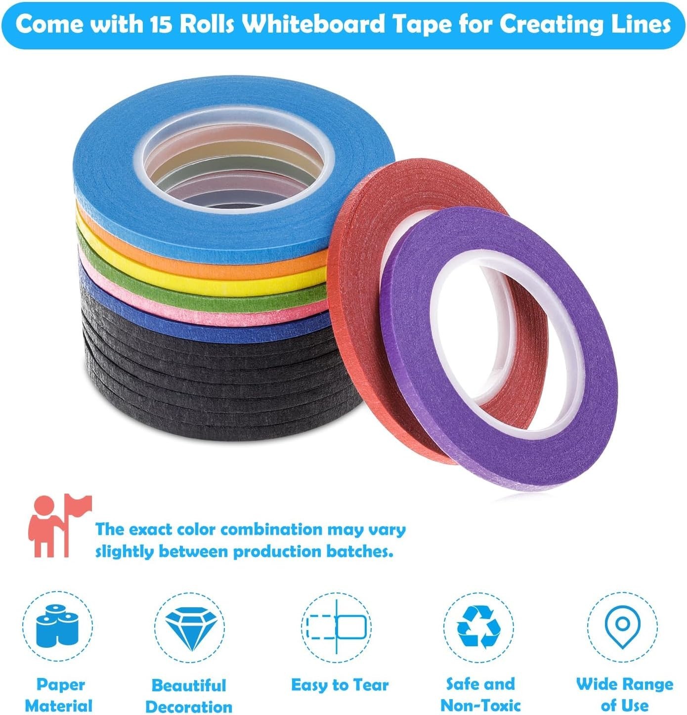 15 Rolls Thin 1/8 Inch 3mm Whiteboard Tape, Low-Tack Paper Pinstripe Art Grid…