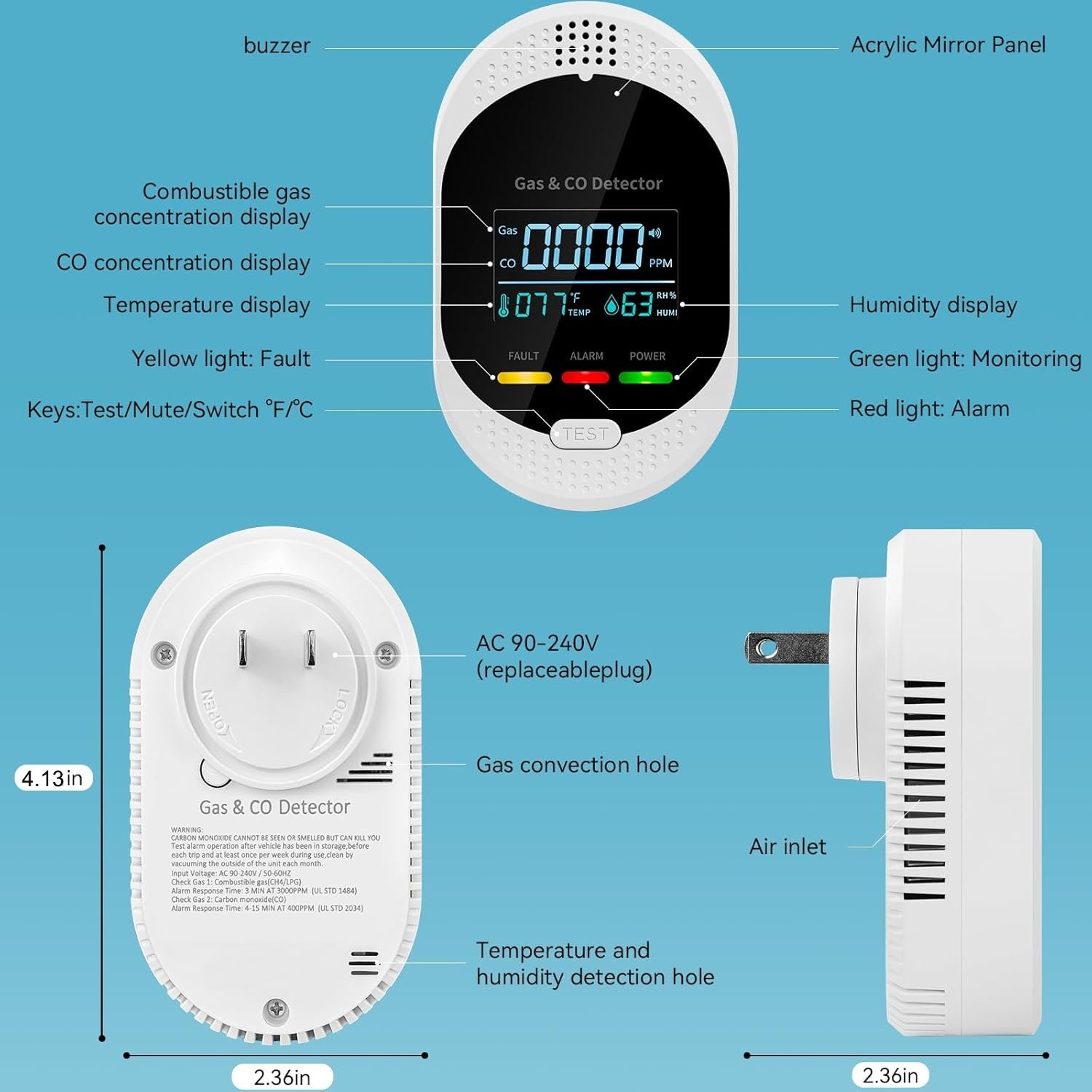 Carbon Monoxide Detector Sound Light Alarm Temp Humidity Monitor Home RV Safety