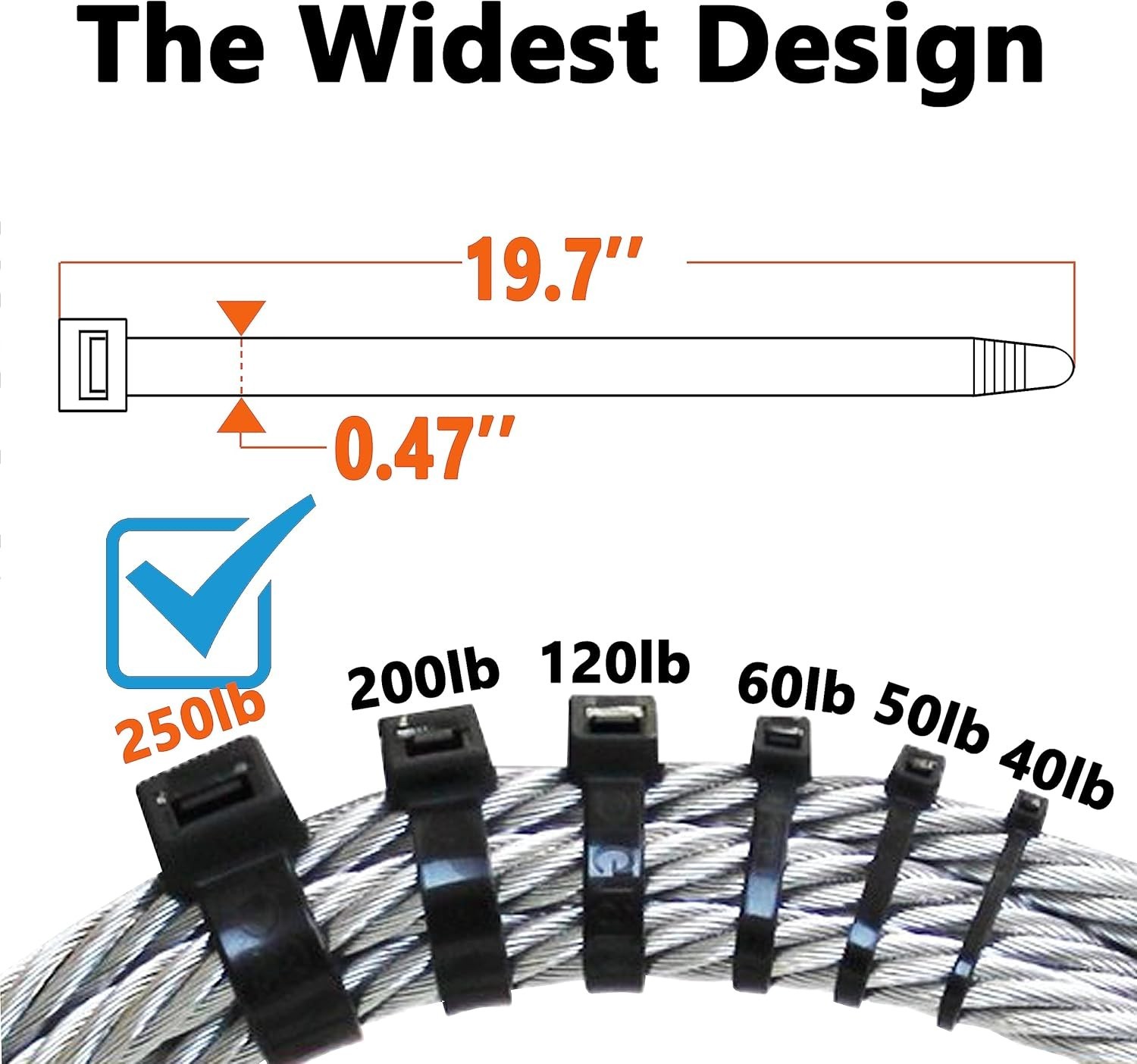 Black Zip Ties Heavy Duty 20 Inch Outdoor, 250lb Extra Large Cable Tie Wraps Lon