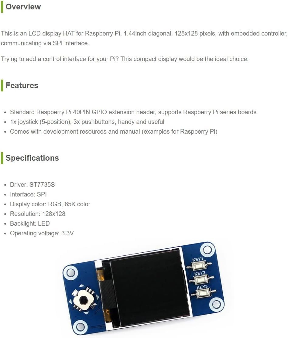 Waveshare 1.44inch LCD Display HAT for Raspberry Pi 128×128 Pixels SPI Interface