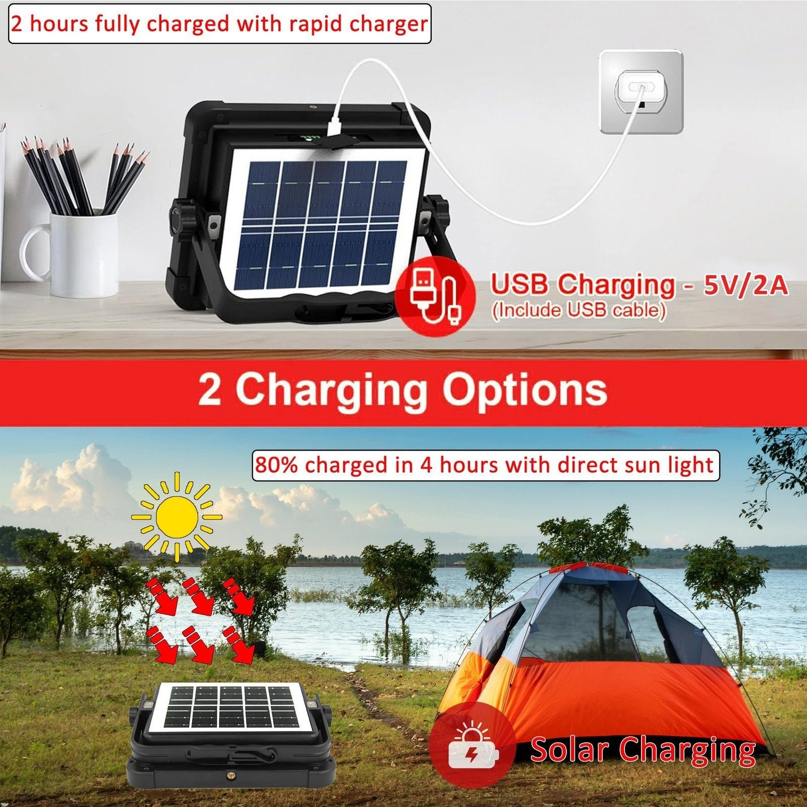 Portable Outdoor Rechargeable Solar Panel LED Work Light Waterproof Floodlight