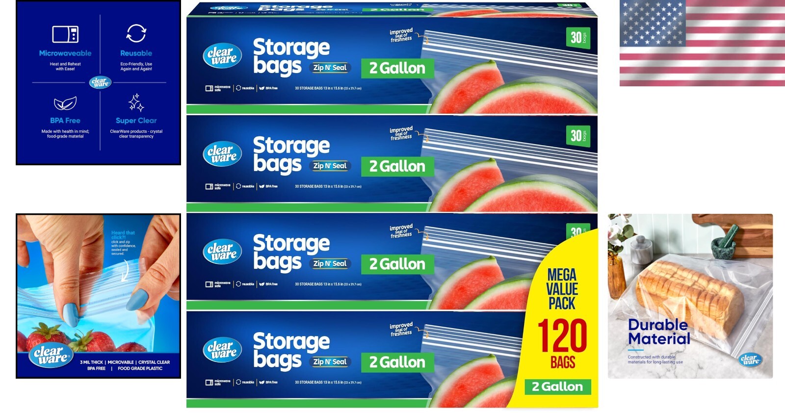 Durable 2 Gallon Resealable Bags – 120 Count with Double Zipper for Freshness